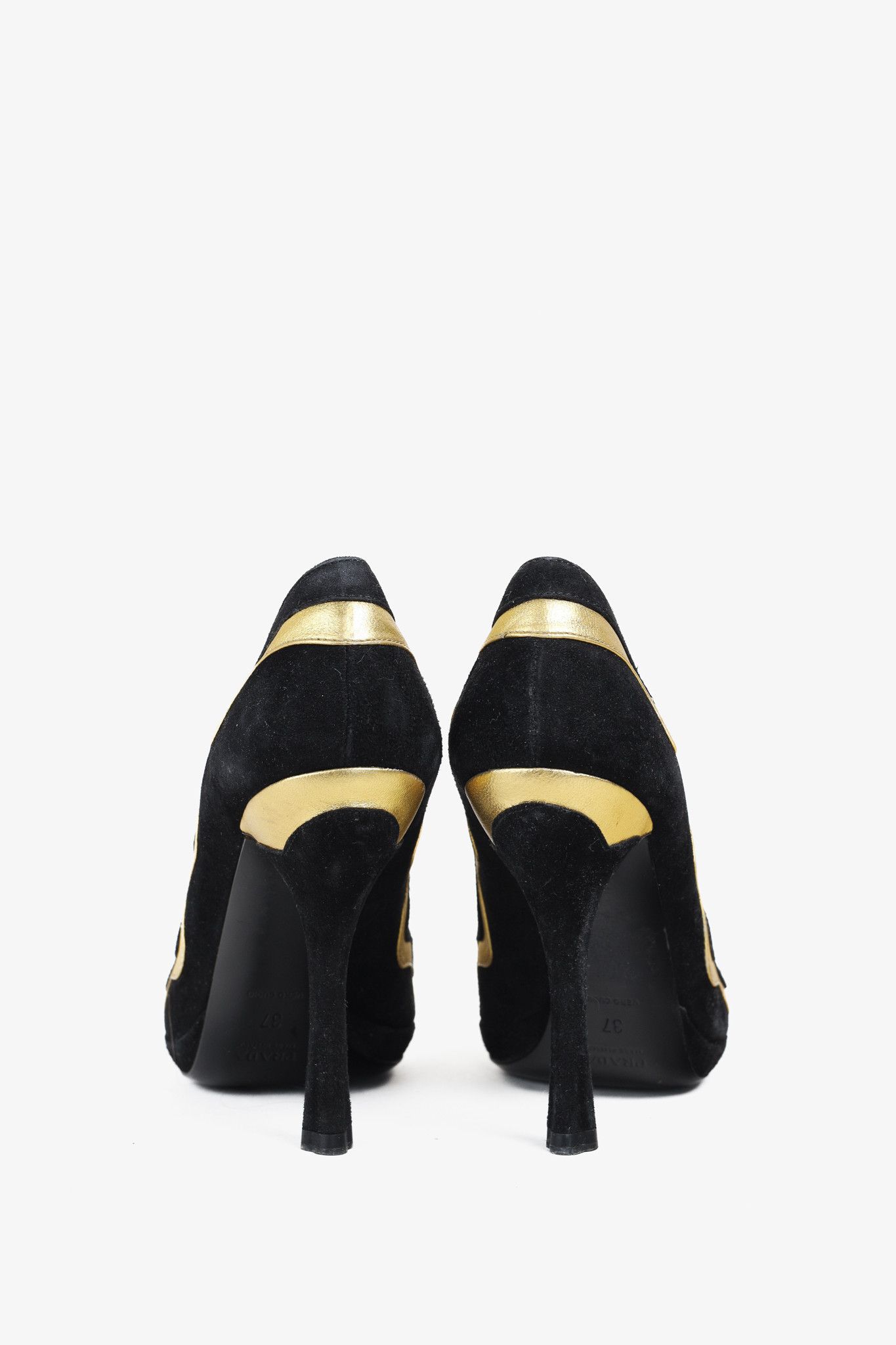 Prada Prada SS/08 Black & Gold Suede Wavy-Stripe Scalloped Heels Size US 6.5 / IT 36.5 - 3 Thumbnail