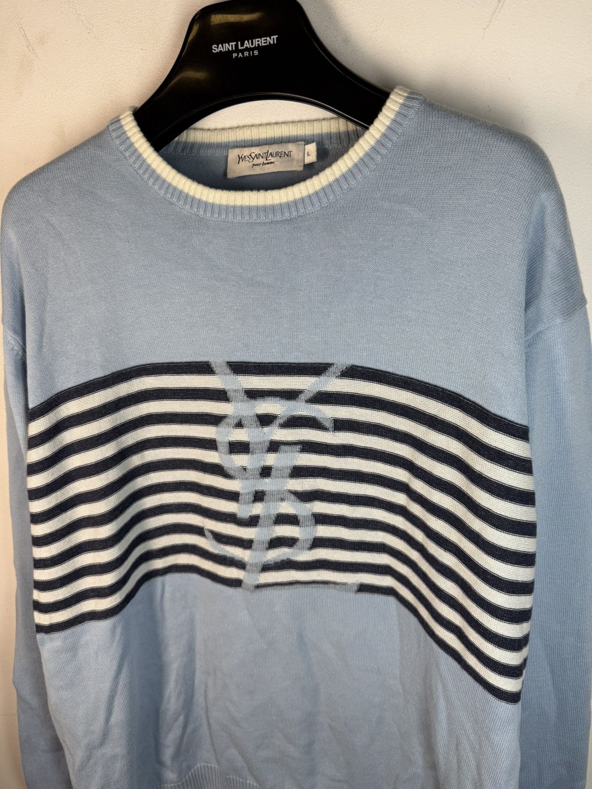 Yves Saint Laurent Blue YSL Sweater Knit Light Big Logo Size US L / EU 52-54 / 3 - 15 Thumbnail