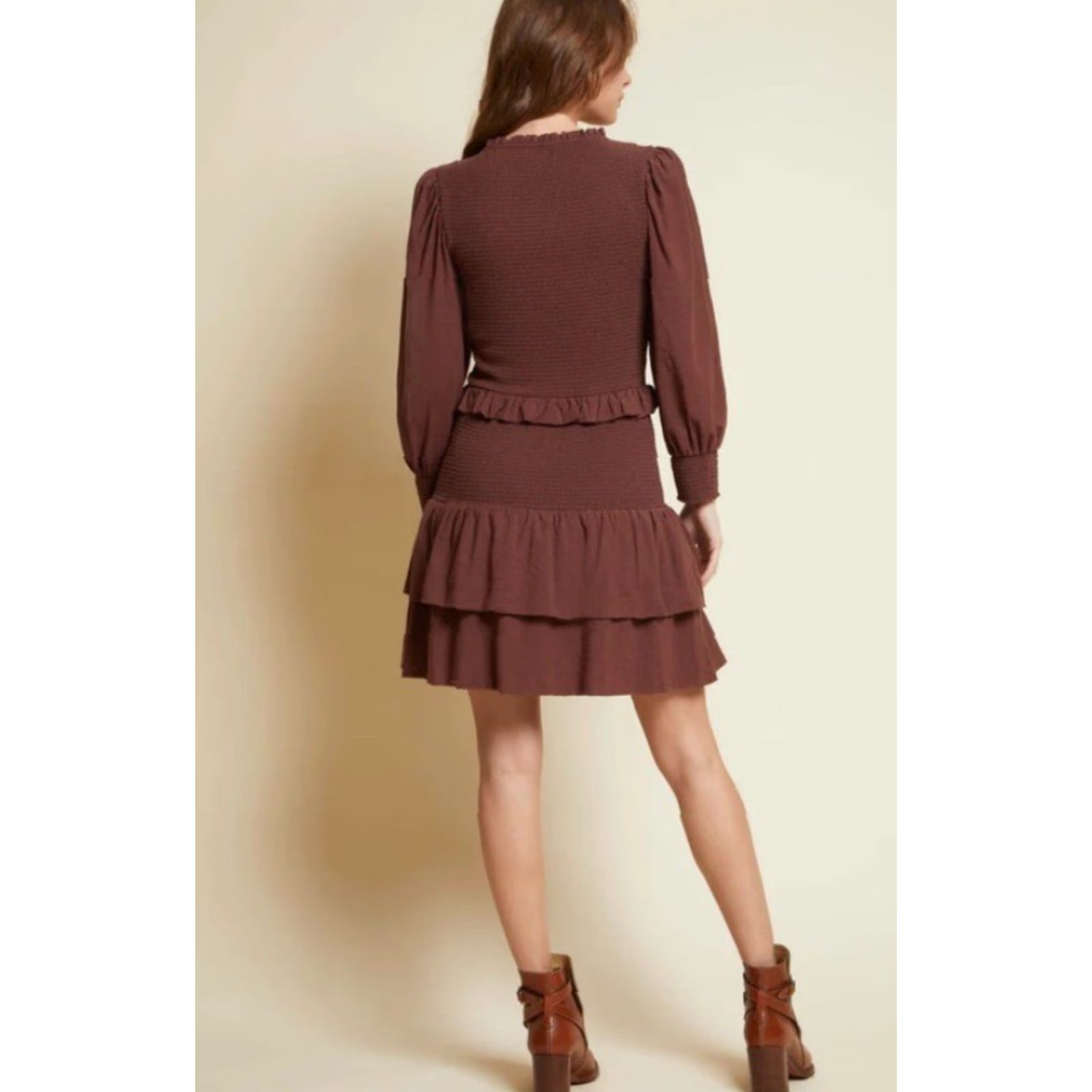 Nation LTD Nation LTD Abby Smocked Mini Dress Medium Pinot Noir Ruffle Detail Size M / US 6-8 / IT 42-44 - 2 Thumbnail