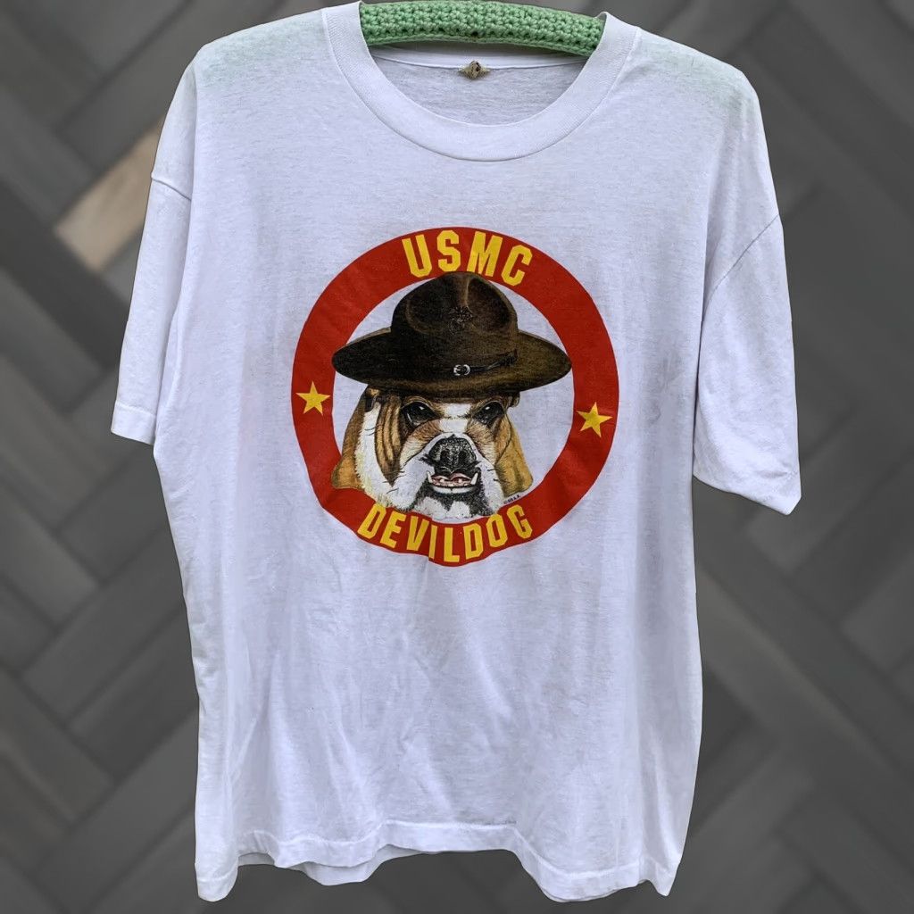 Vintage VINTAGE USMC Devildog t shirt 80s 1980s White Cotton Blend Screen Stars 2XL Mens Graphic Tee Marines Dog 88 AK C 88 A.K. Decade 1980s 1980s Size US XXL / EU 58 / 5 - 1 Thumbnail