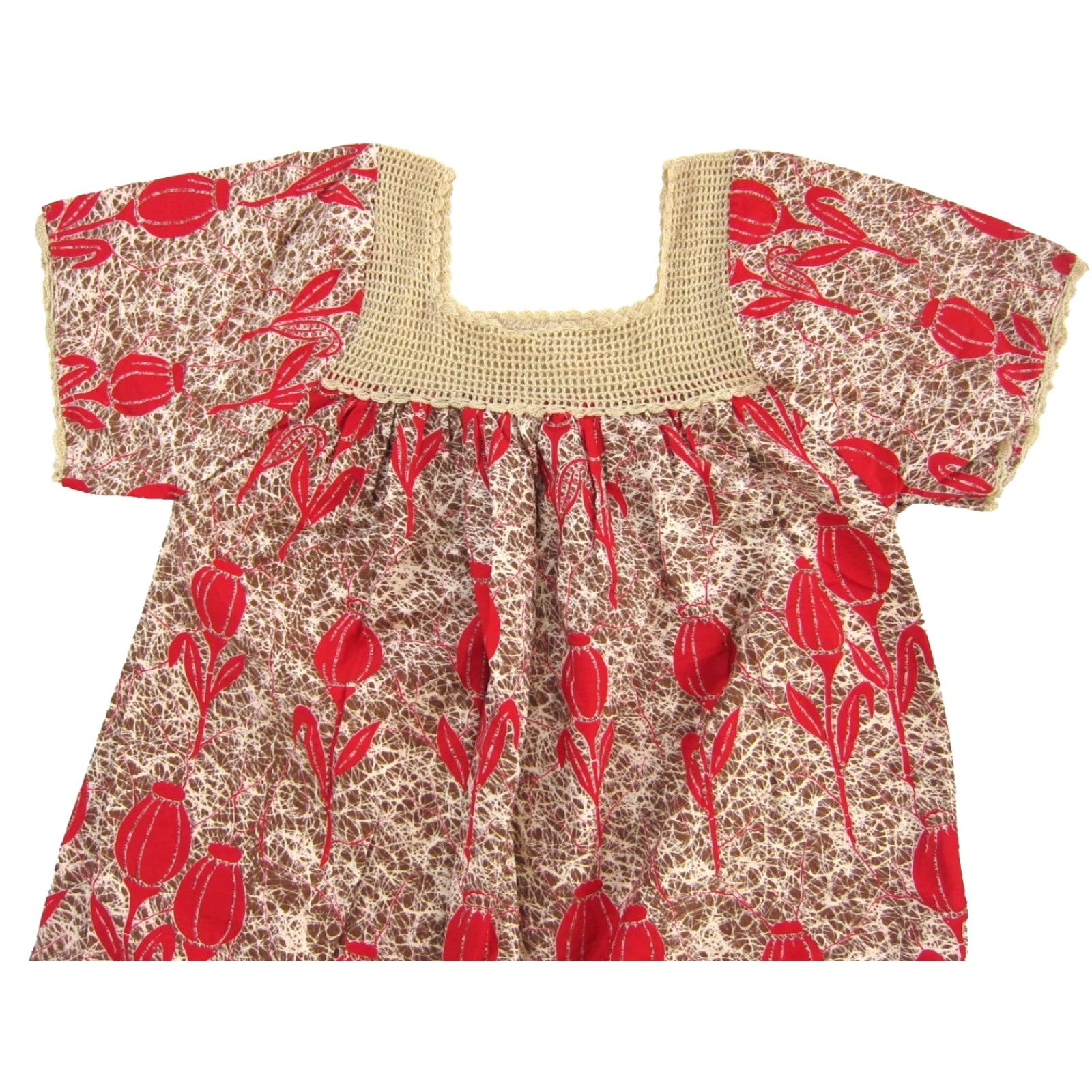 Vintage VTG Handmade Red Brown Floral Cotton Crochet Short Sleeve Maxi Kaftan Dress M Size 32" / US 10 / IT 46 - 3 Thumbnail