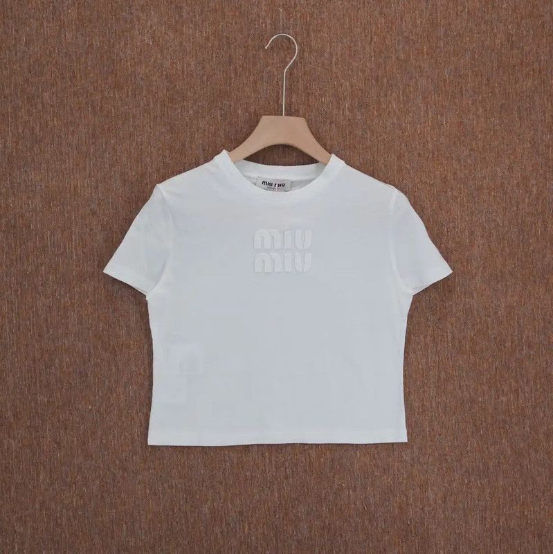Miu Miu Miu Miu White Embroidered Logo Crop T-Shirt 0089 Size M / US 6-8 / IT 42-44 - 1 Thumbnail
