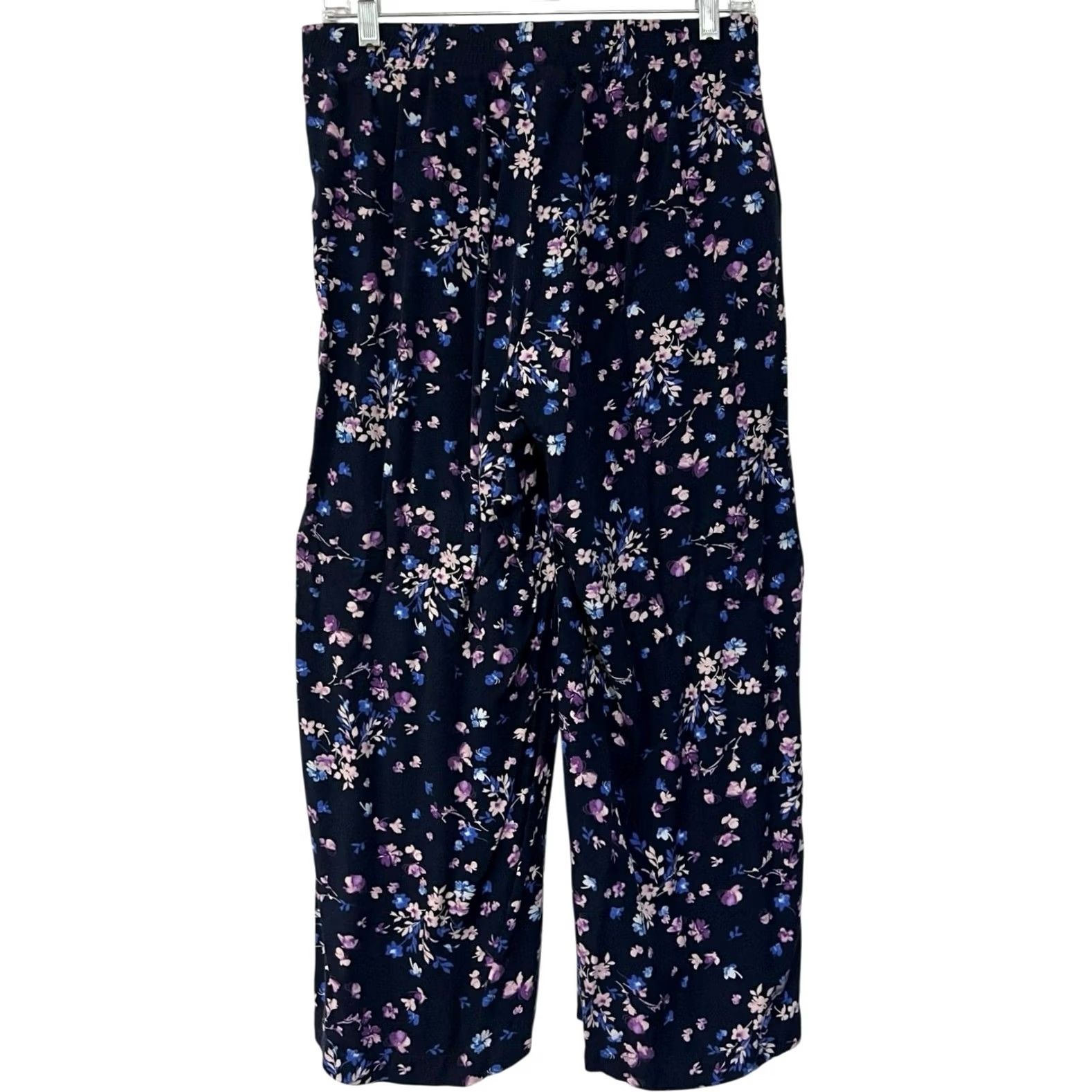 J. Jill J. Jill Womens Small Pull-On Pants Navy Blue Floral Lightweight Stretch Waist Cropped Wide-Leg Size 28" / US 6 / IT 42 - 3 Thumbnail