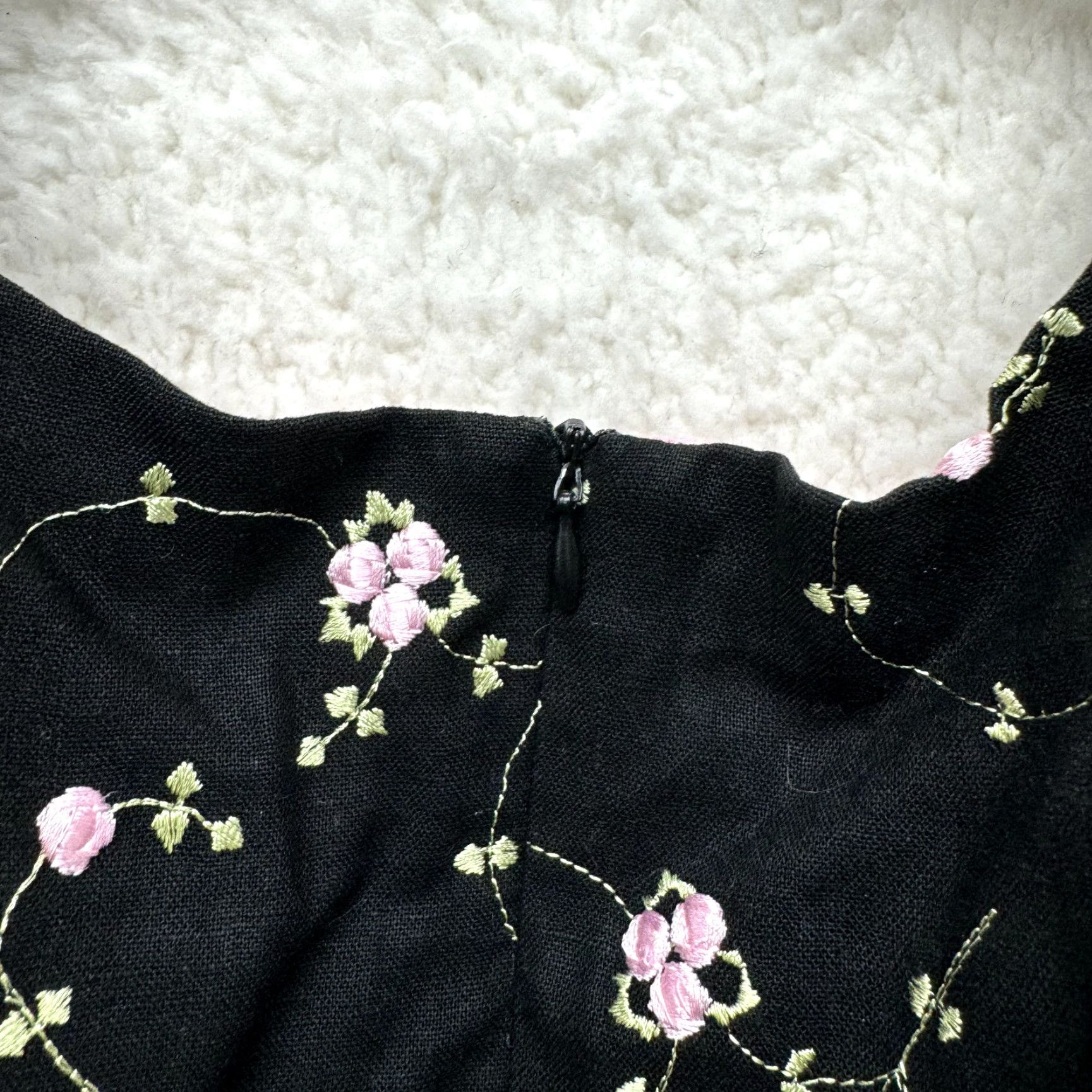 Vintage VINTAGE 90s Y2K A-Line Midi Dress Black Pink Floral Linen Blend Empire Large 10 Girls? Size L / US 10 / IT 46 - 4 Thumbnail