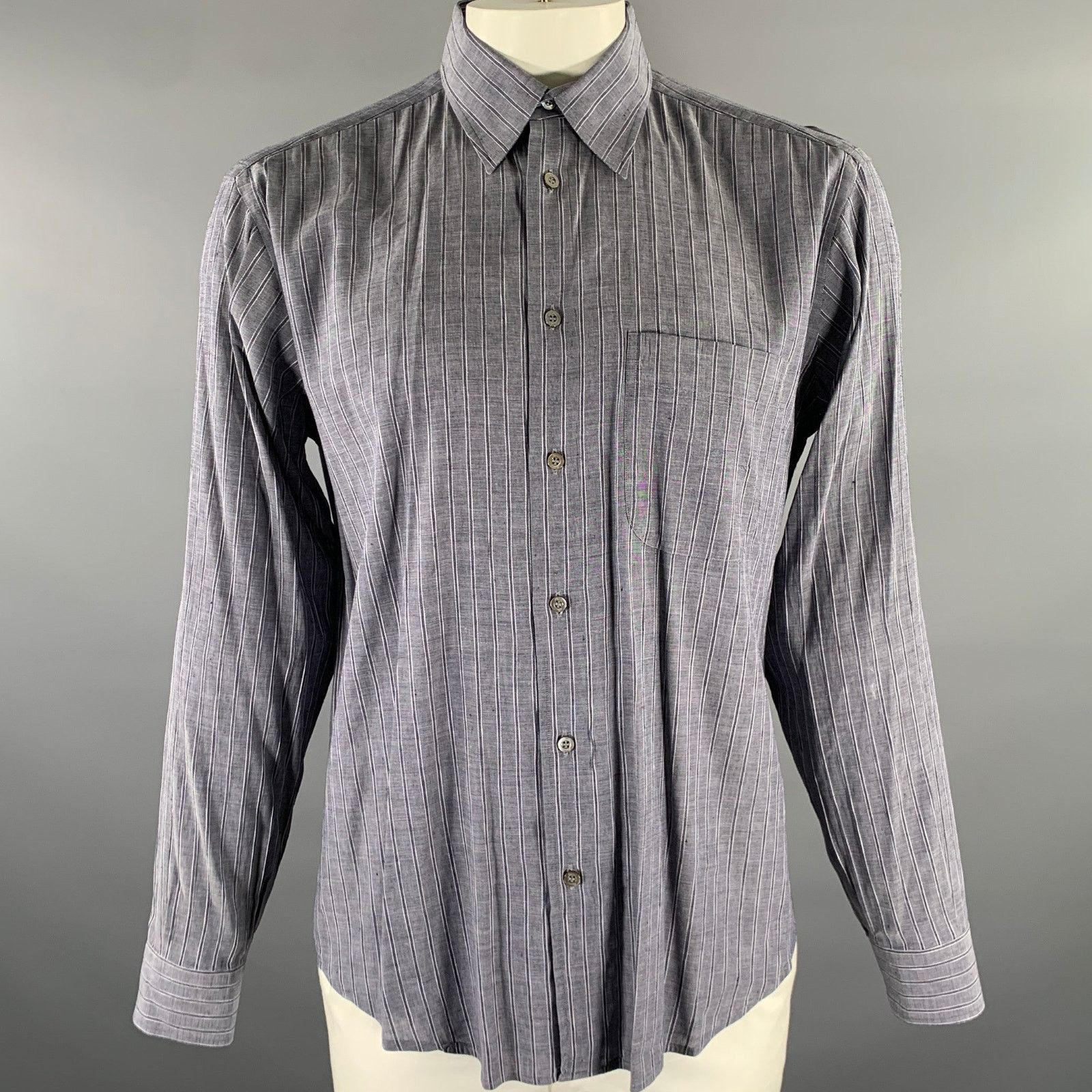 Brioni BRIONI L Navy Grey Stripe Linen Blend Pointed Collar Shirt Size US L / EU 52-54 / 3 - 1 Thumbnail