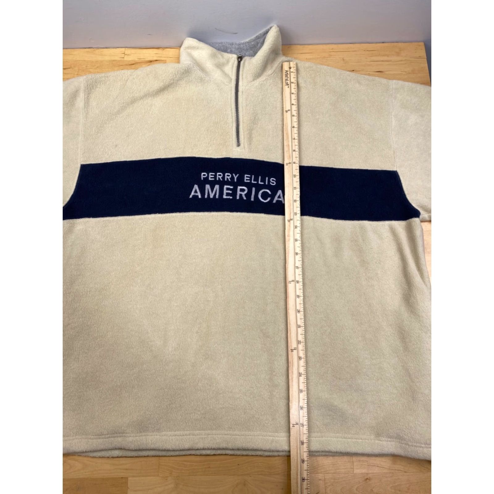 Perry Ellis VINTAGE Perry Ellis America Active Pullover 1/4 Zip Tan Beige Fleece Mock Neck Long Sleeve Sweatshirt Mens L 90s Retro Outdoor Casual Size US L / EU 52-54 / 3 - 5 Thumbnail