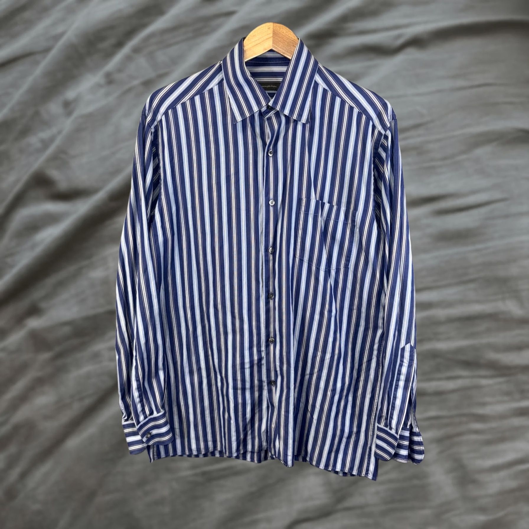 Ermenegildo Zegna Ermenegildo Zegna Shirt Mens Large Blue White Striped Button Down Dress Shirt Size 42R - 1 Thumbnail