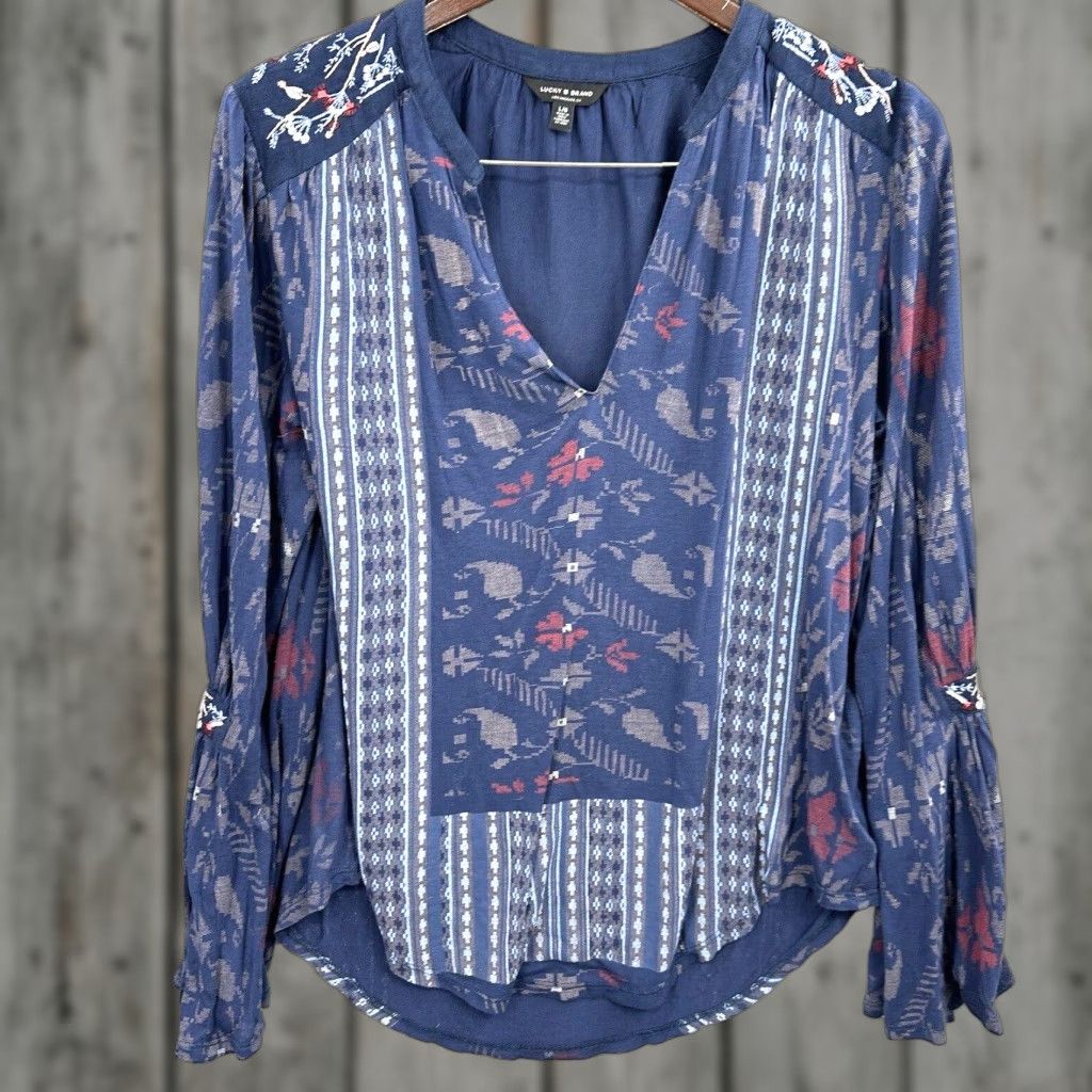 Lucky Brand Lucky Brand Blouse Shirt Womens Large Boho Tunic Long Sleeve Bell Sleeve V-Neck Knit Viscose Blue Floral Boho 70s 80s Modern Womens Size L / US 10 / IT 46 - 1 Thumbnail