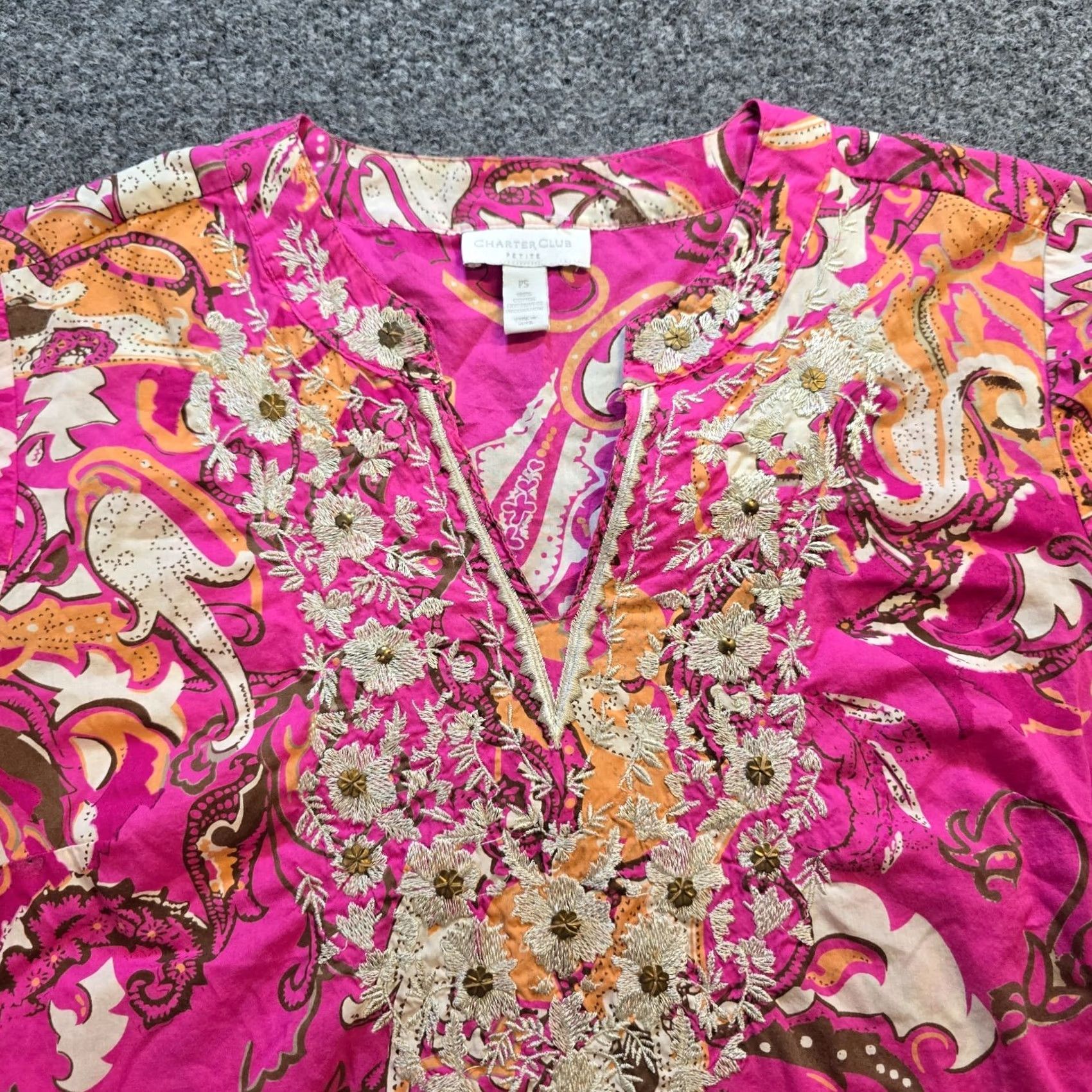 Charter Club Charter Club Top Women Petite PS Pink Paisley Embroidered Tunic Preppy Casual Shirt Blouse Size S / US 4 / IT 40 - 2 Thumbnail