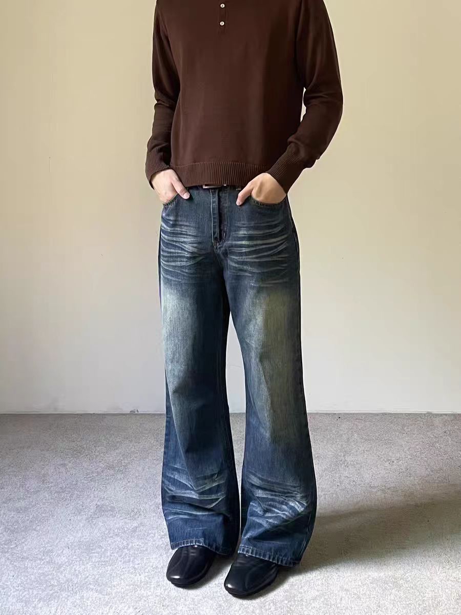 Jean Blue Water Wave Cat-Whisker Loose-Fit Jeans Size US 34 / EU 50 - 1 Thumbnail