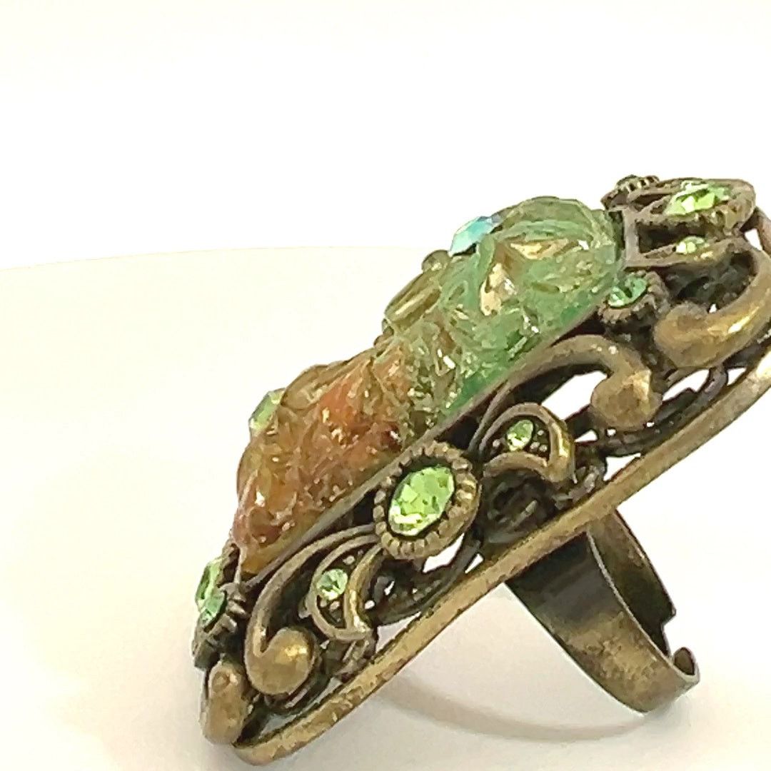 & Other Stories Vintage Green Blue Rhinestone Ring Huge Molded Flower Center Size ONE SIZE - 7 Thumbnail