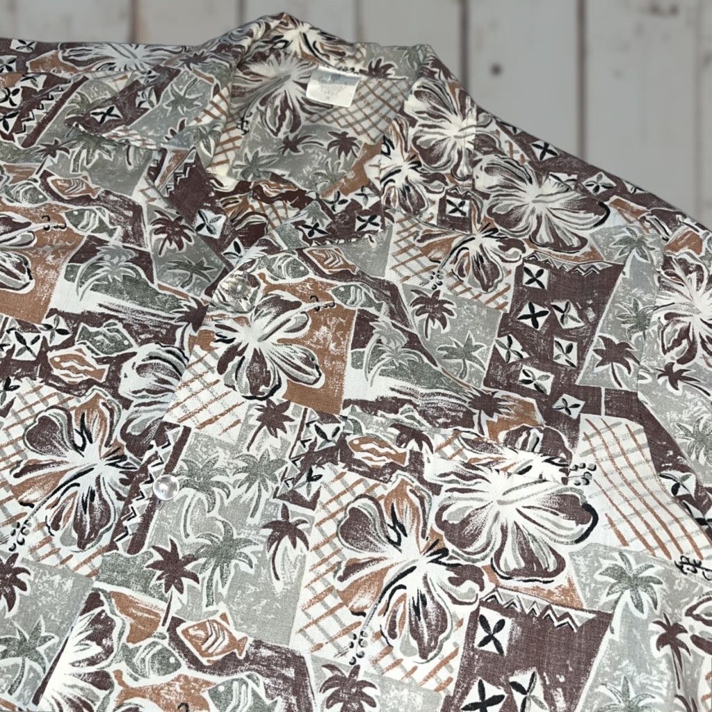 Vintage VINTAGE Royal Creations Hawaiian Shirt Button-Up Short Sleeve Mens M Tan Olive Brown Palm Trees Flowers Geometric Size US M / EU 48-50 / 2 - 1 Thumbnail