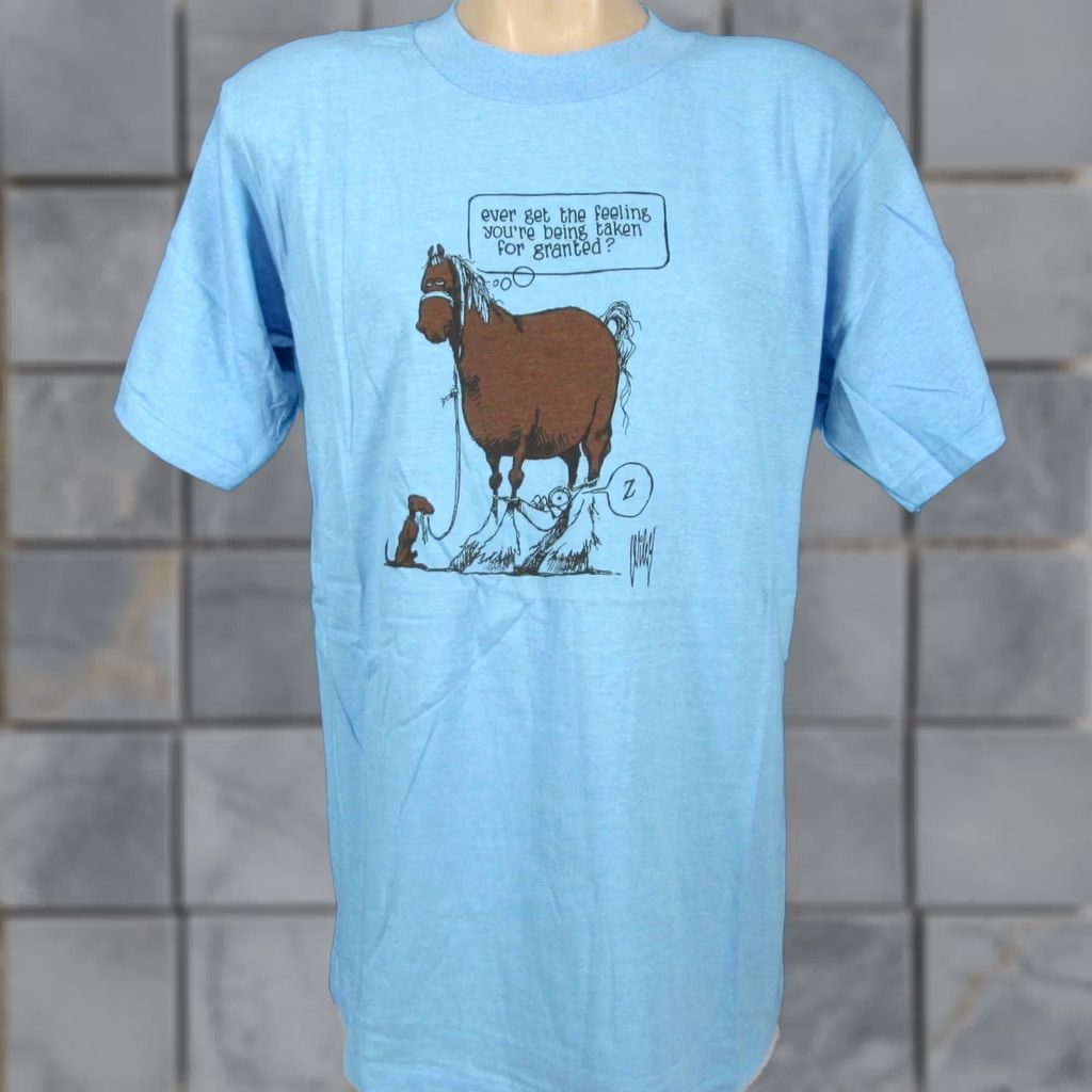 Vintage NOS vtg 80s HORSE TAKEN FOR GRANTED CARTOON T-Shirt L/XL cowboy single stitch Men XS-XXL? Size US L / EU 52-54 / 3 - 1 Thumbnail