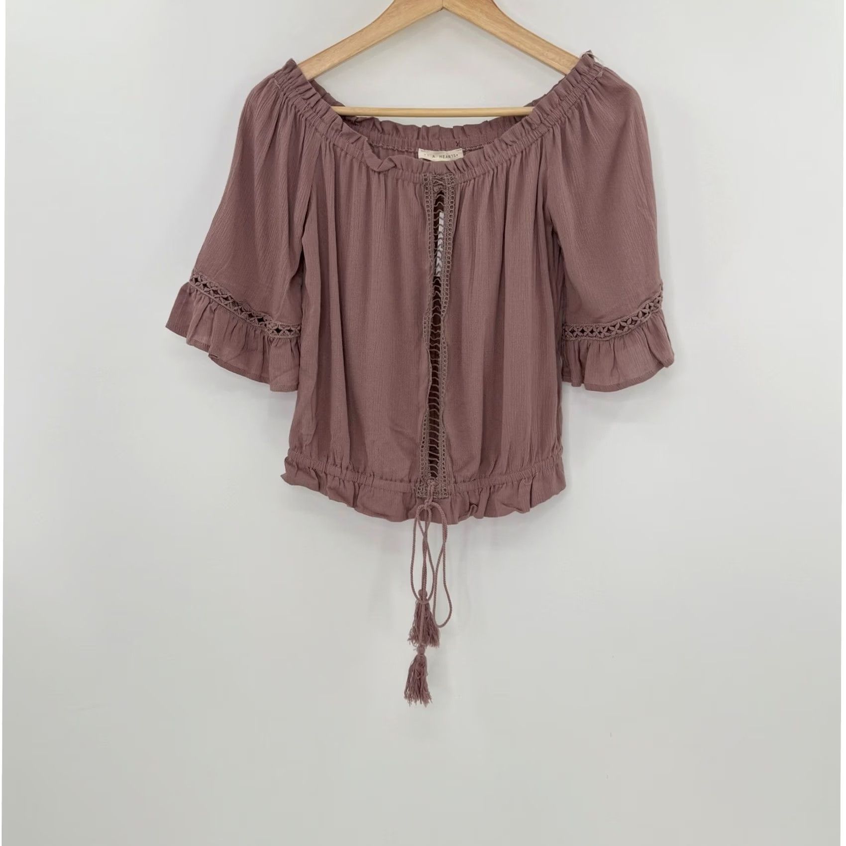Pinko LA Hearts Blouse Size M Mauve Pink Off The Shoulder Crochet Trim Drawstring NWT Size M / US 6-8 / IT 42-44 - 2 Thumbnail