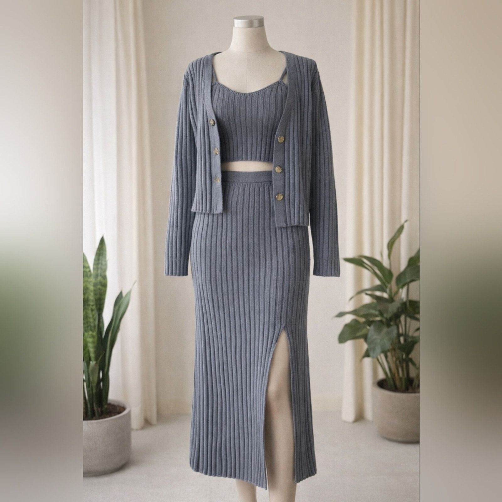 & Other Stories Ribbed Knit Set Cardigan Crop Top Maxi Skirt Slit Gray NWT Size M / US 6-8 / IT 42-44 - 5 Thumbnail