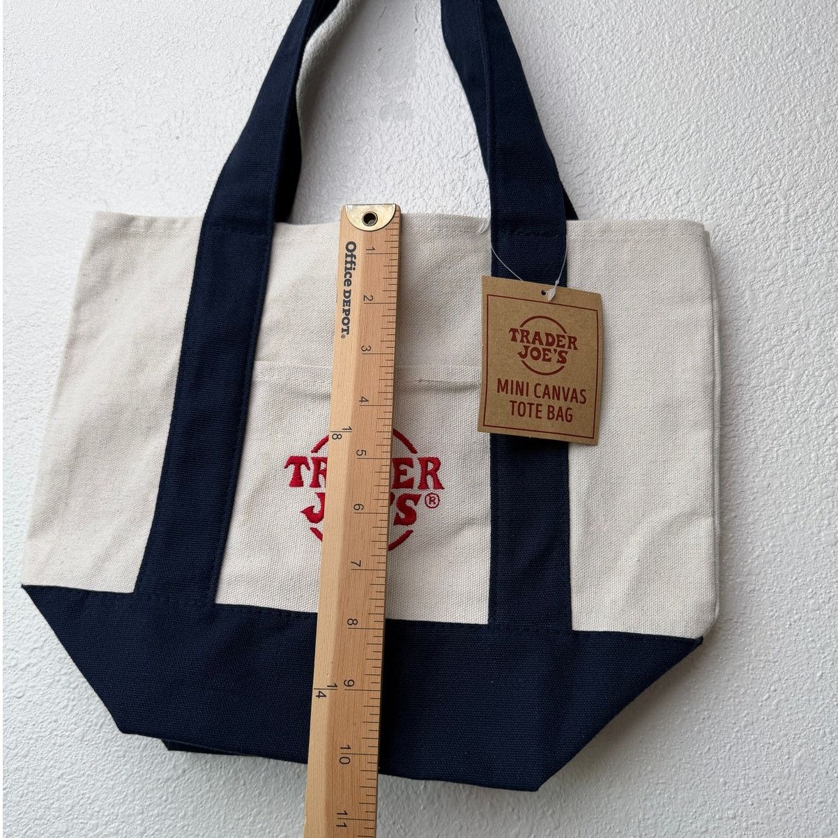 Other NWT Trader Joe’s Mini Canvas Tote Bag Navy Cream Red Logo Size ONE SIZE - 12 Thumbnail