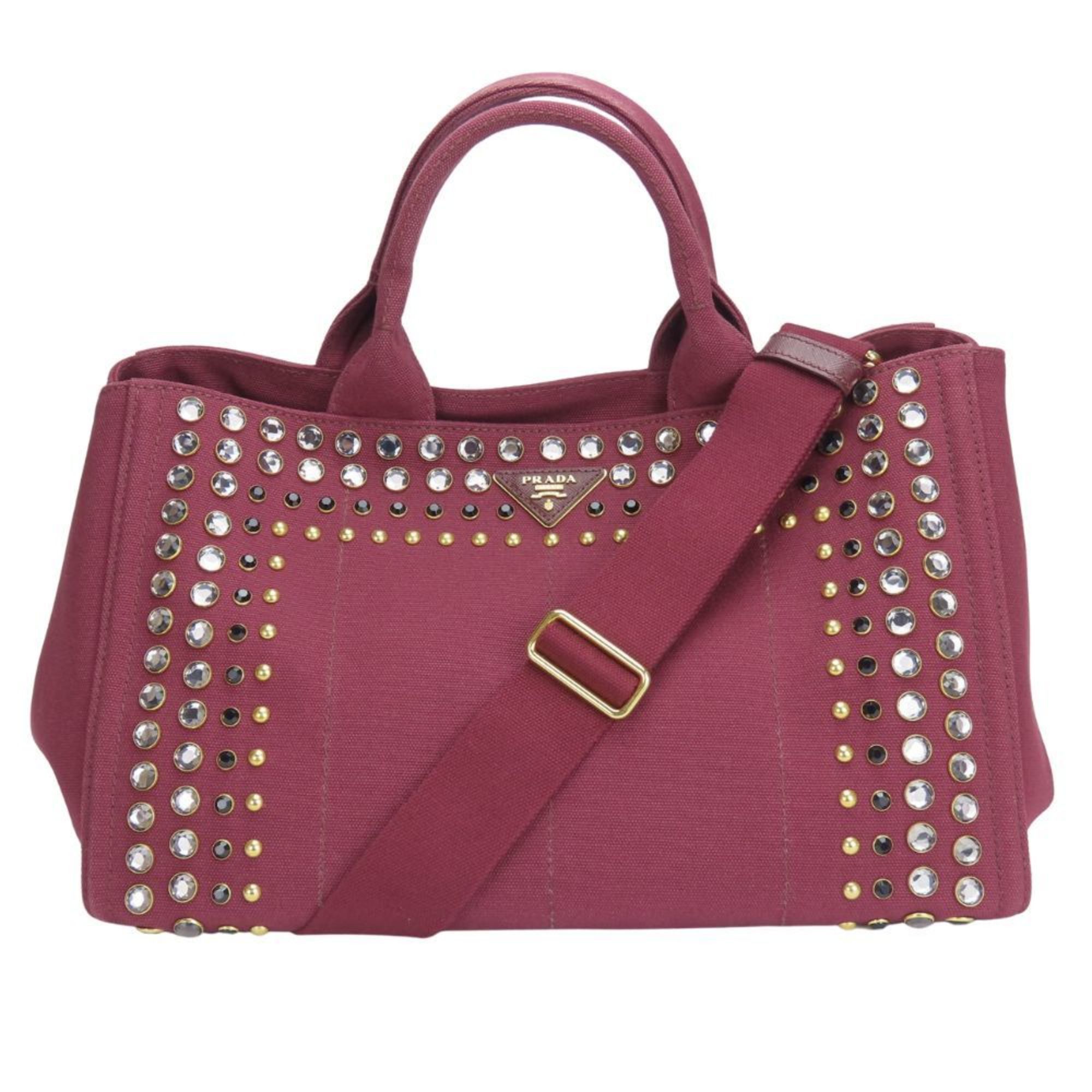 Prada Tote Bag Canapa B2642O Studded Canvas Amaranth Wine Red Shoulder Beads Women's Prada