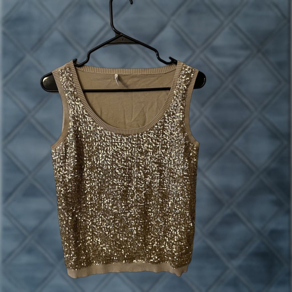 Calvin Klein VINTAGE Calvin Klein Womens Tank Top Sleeveless XS Beige Sequin Party Cocktail Designer Size XS / US 0-2 / IT 36-38 - 1 Thumbnail