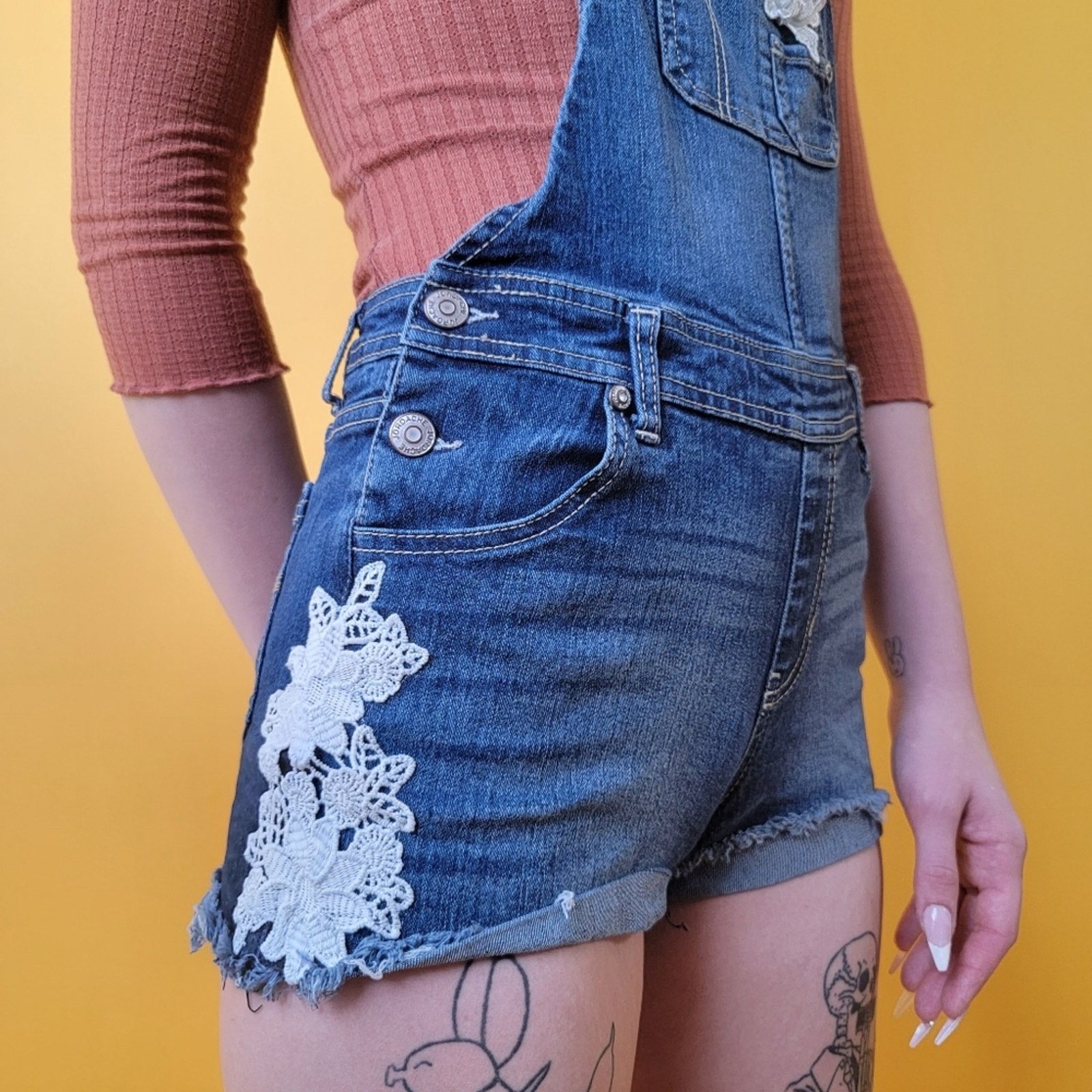 Jordache Denim and Lace Romper Jean Shortall Overalls Size 32" / US 10 / IT 46 - 3 Thumbnail