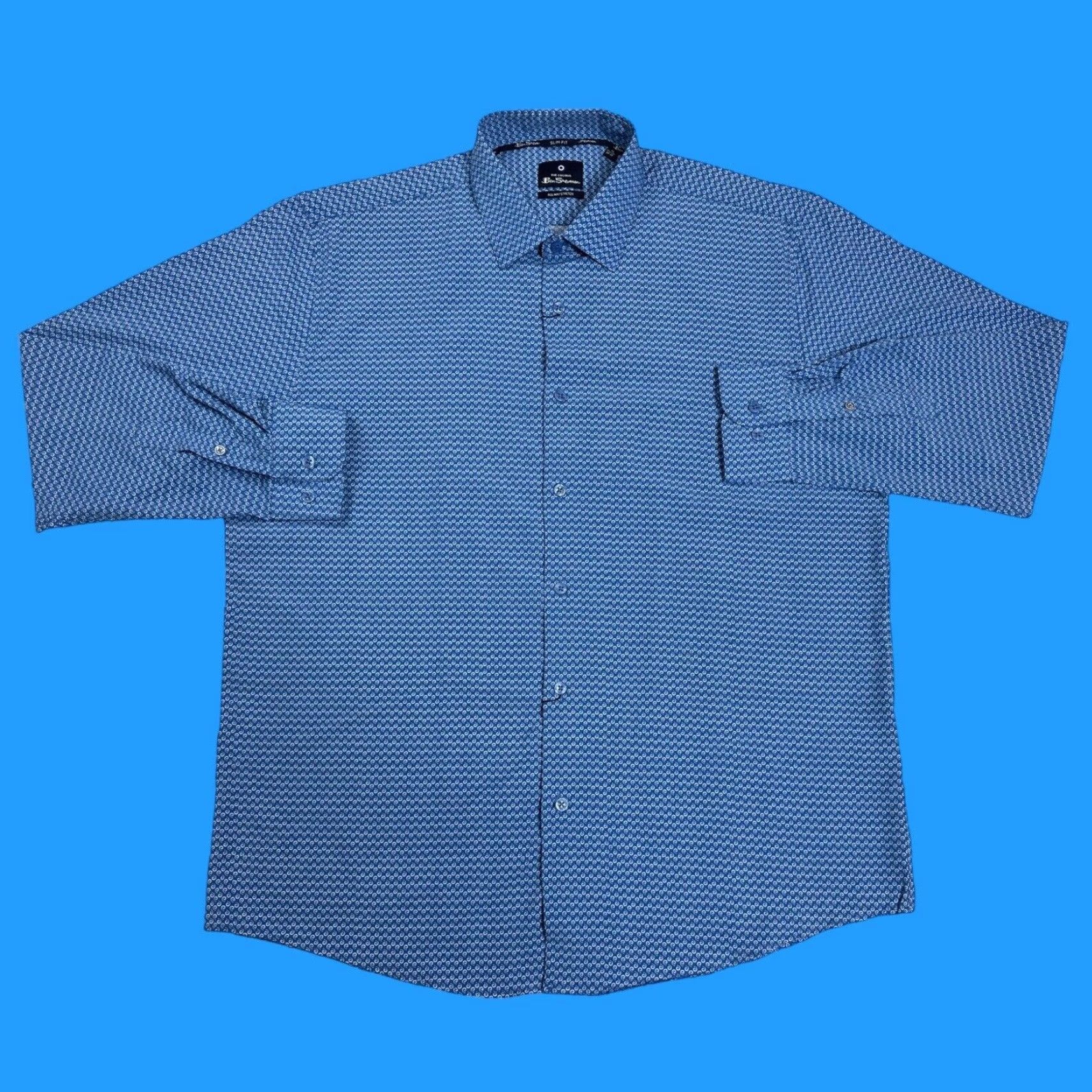 Ben Sherman Mens XL Slim Fit Stretch Geometric Swirls Blue Long Sleeve Button Up Shirt