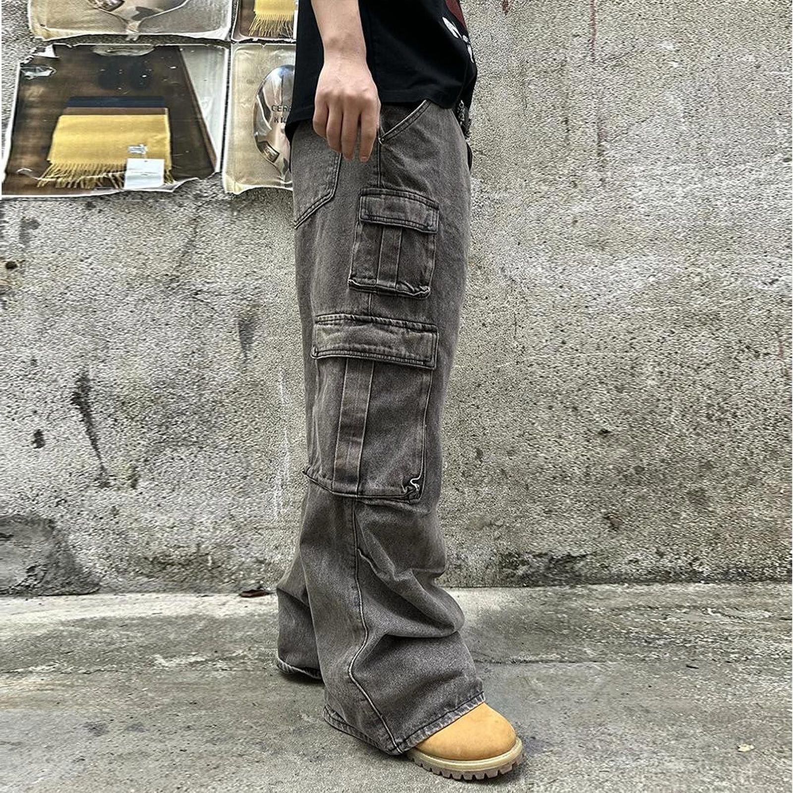 Japanese Brand Gray Baggy Flared Cargo Pants, Wide Leg Utility Pants Size US 32 / EU 48 - 5 Thumbnail