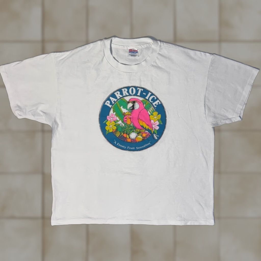 Hanes VINTAGE Hanes T-Shirt Shirt XL White 90s Logo Graphic Parrot Ice A Frosty Fruit Sensation Retro Neon Crew Neck Short Sleeve Men Size US XL / EU 56 / 4 - 1 Thumbnail