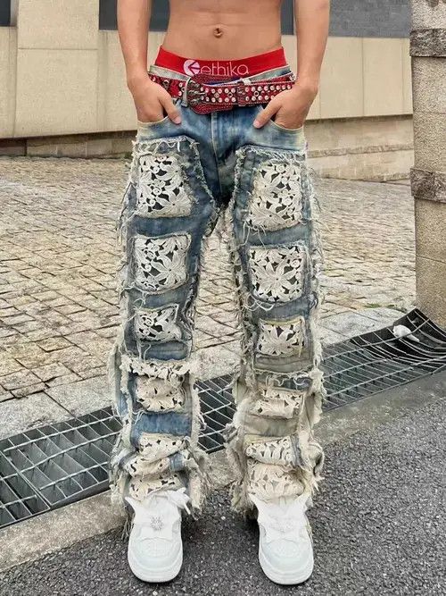 Jean Floral Patchwork Distressed Baggy Denim Jeans Size US 32 / EU 48 - 1 Thumbnail