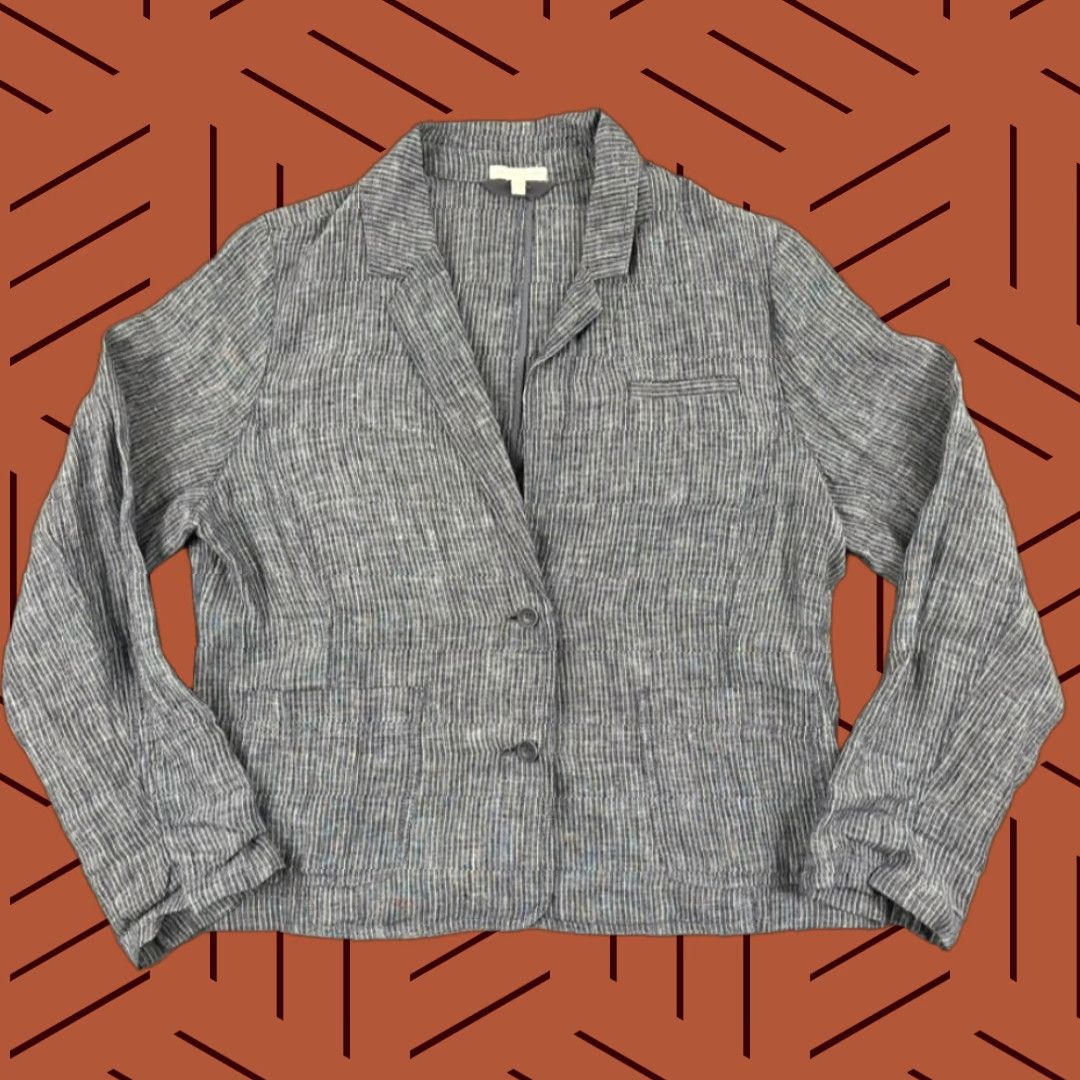 Eileen Fisher Button-Up Blazer Shirt Womens XL Blue Striped Linen 2-Button Casual Top