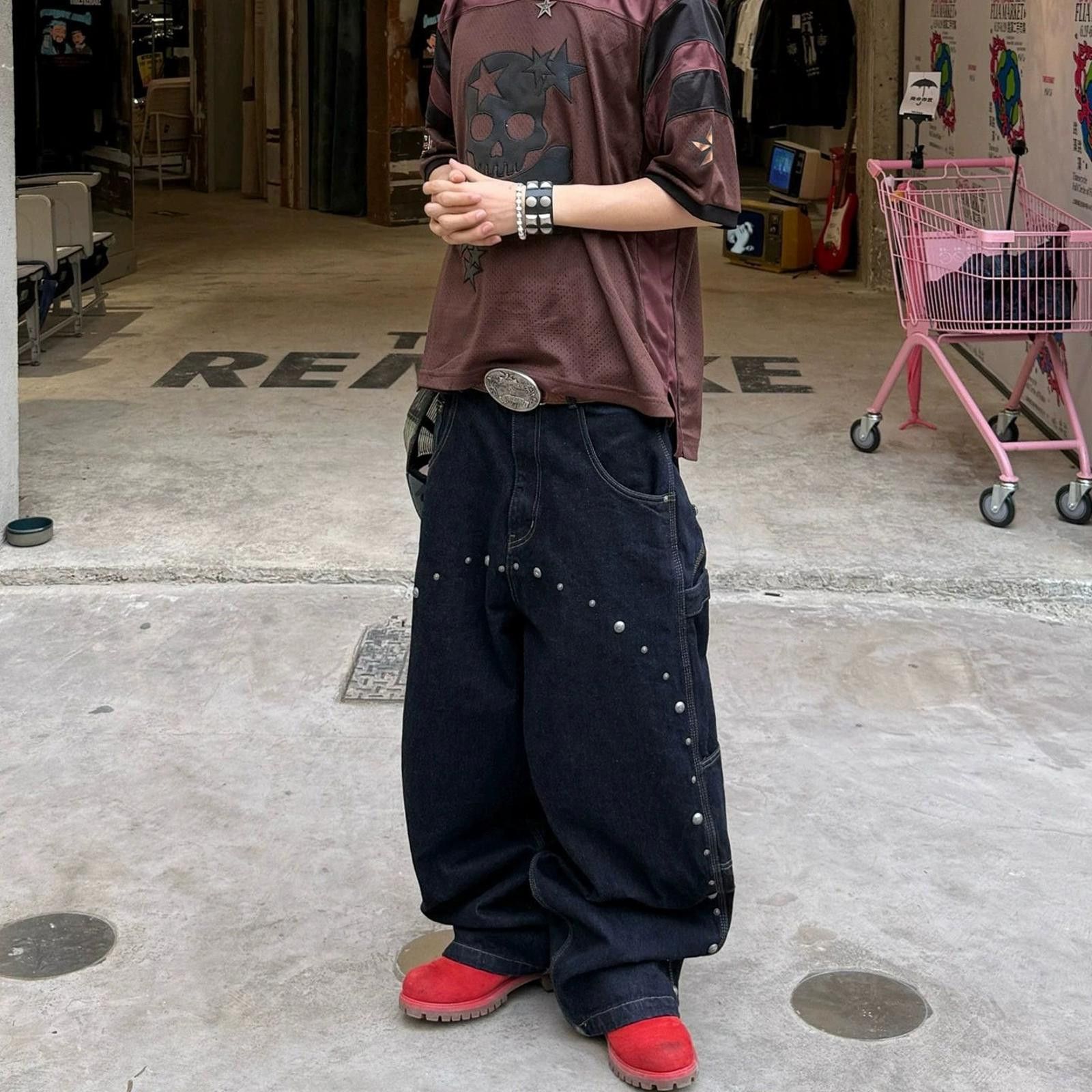 Japanese Brand Black Baggy Wide Leg Button Stud Denim Jeans Size US 30 / EU 46 - 1 Thumbnail