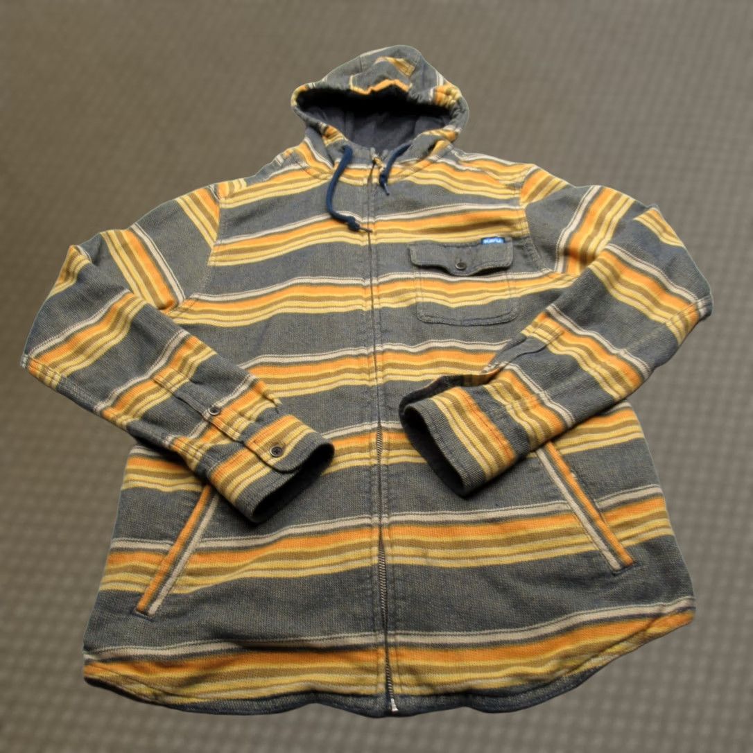 KAVU Kavu Mens Medium Full Zip Hoodie Gray Yellow Striped Pockets Sweatshirt Size US M / EU 48-50 / 2 - 1 Thumbnail