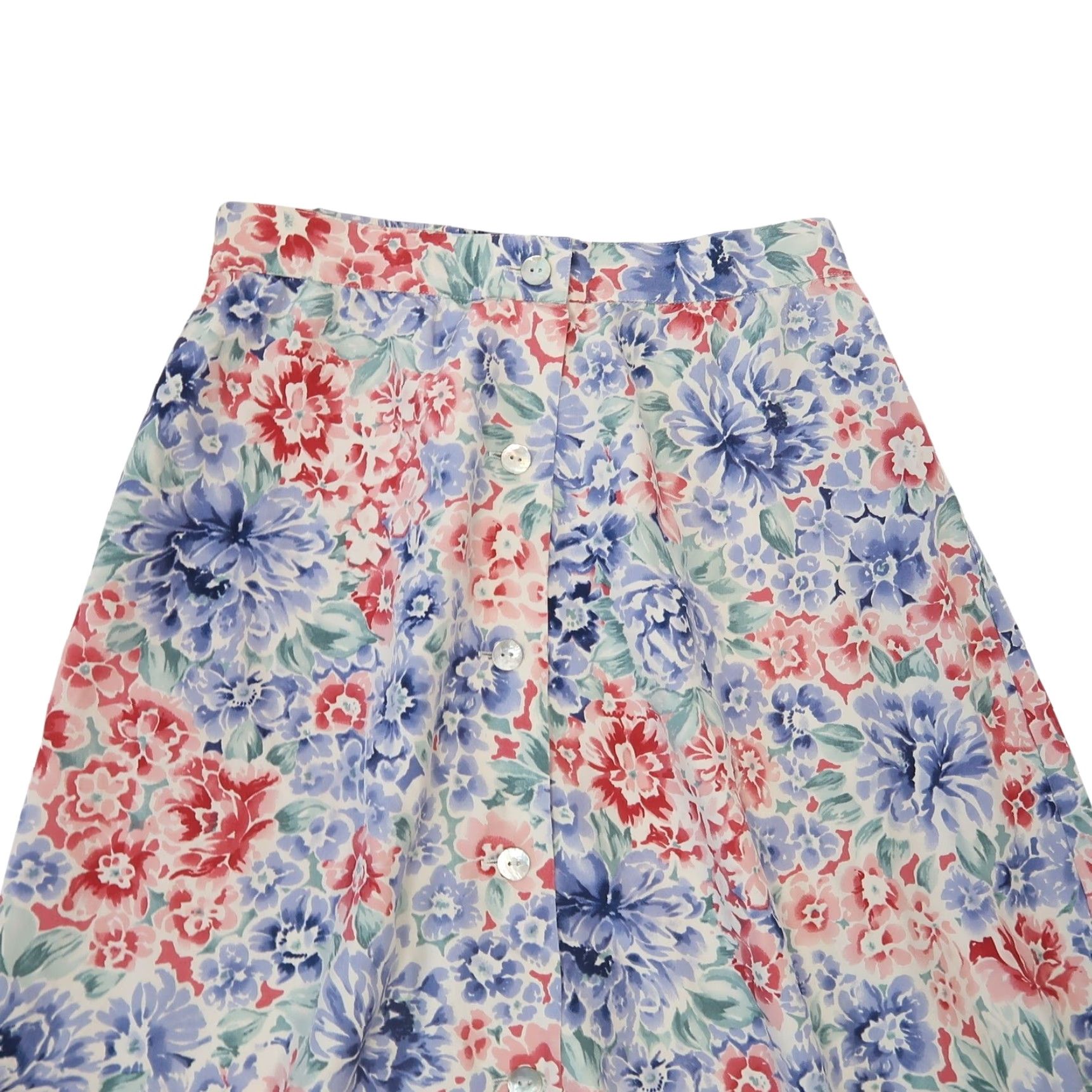 Vintage VINTAGE Essential Elements Silk Midi Skirt Women's S Floral 90s Blue Red Cream Button Back Elastic Spring Summer Size 28" / US 6 / IT 42 - 2 Thumbnail