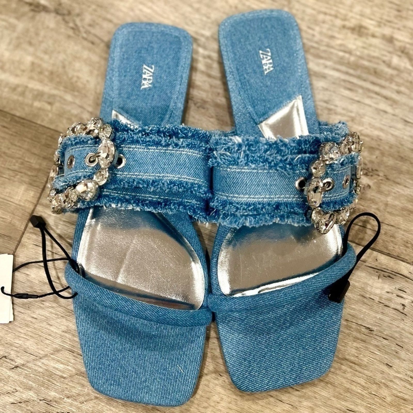 Zara ZARA Embellished Denim Slide Sandals NWT Size US 6.5 / IT 36.5 - 16 Thumbnail