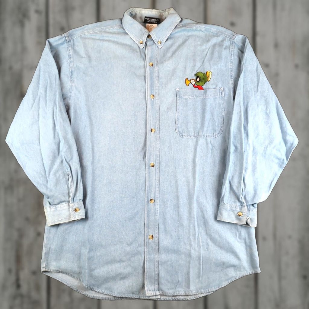 Vintage VINTAGE Warner Bros. Denim M Shirt Shacket Marvin the Martian Embroidered Button-Up Casual Shirt Mens 90s Cartoon Retro Funny Blue Size US M / EU 48-50 / 2 - 1 Thumbnail