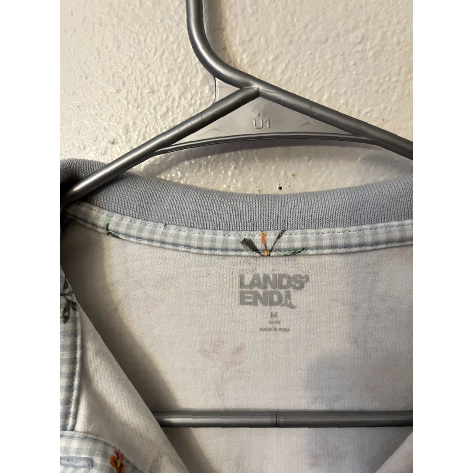 Lands' End Lands' End Polo Shirt Womens Medium Blue Floral Gingham Short Sleeve Cotton Spandex Button Size M / US 6-8 / IT 42-44 - 2 Thumbnail