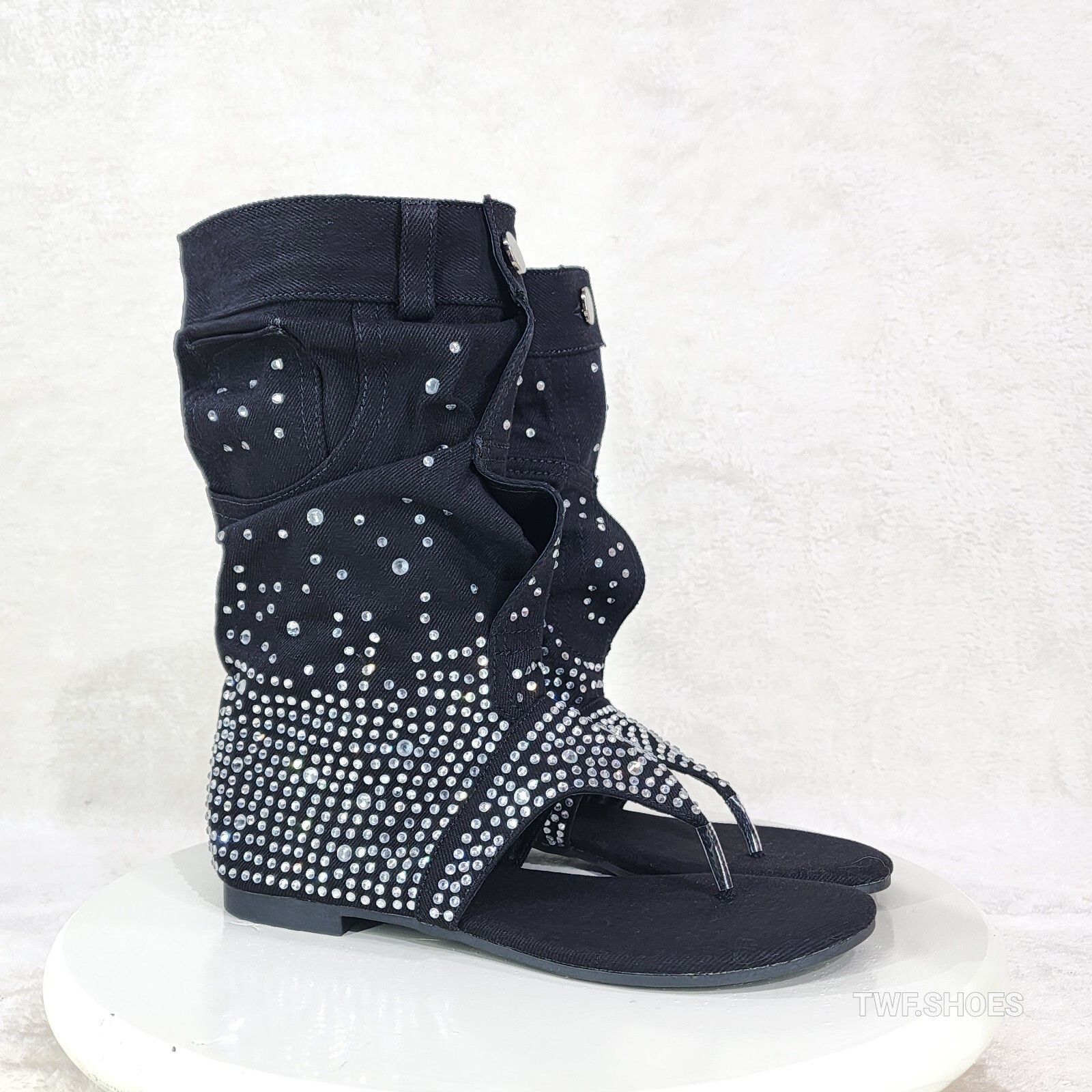 Other Perplex Black Denim & Rhinestones Sandal Slouch Boots Shooti Size US 6.5 / IT 36.5 - 1 Thumbnail