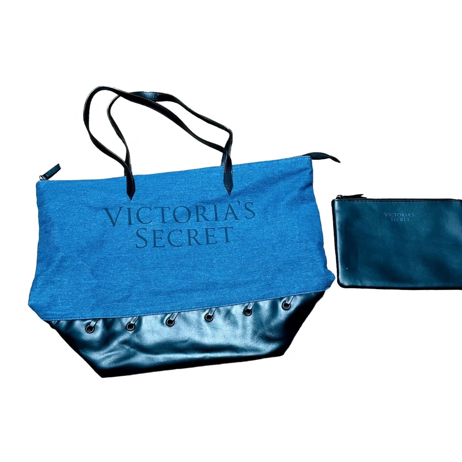 Victoria's Secret VICTORIA'S SECRET Carry All Denim/Faux Leather XL Tote Bag & Pouch Blue/Black Tote Bag Womens XL 2018 City Carry All Size ONE SIZE - 2 Thumbnail