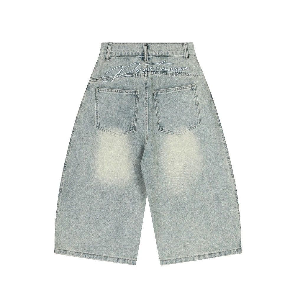 Jean Distressed washed men's embroidered scimitar denim shorts Size US 32 / EU 48 - 2 Thumbnail