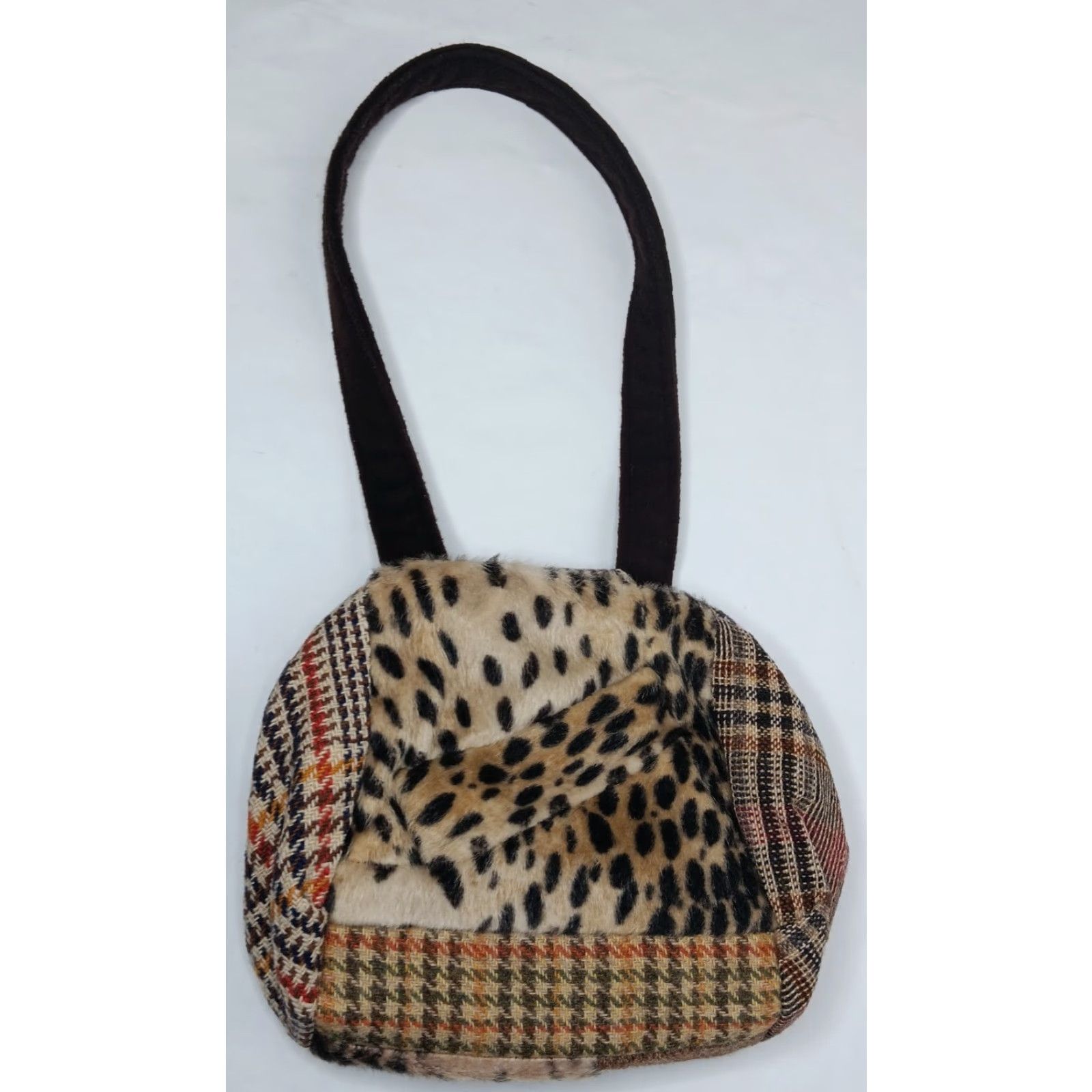 Vintage VINTAGE Range of Emotion Women's Designer Wool Patchwork Purse Medium Brown Faux Fur Art Style Autumn 2002 Size 32" / US 10 / IT 46 - 6 Thumbnail