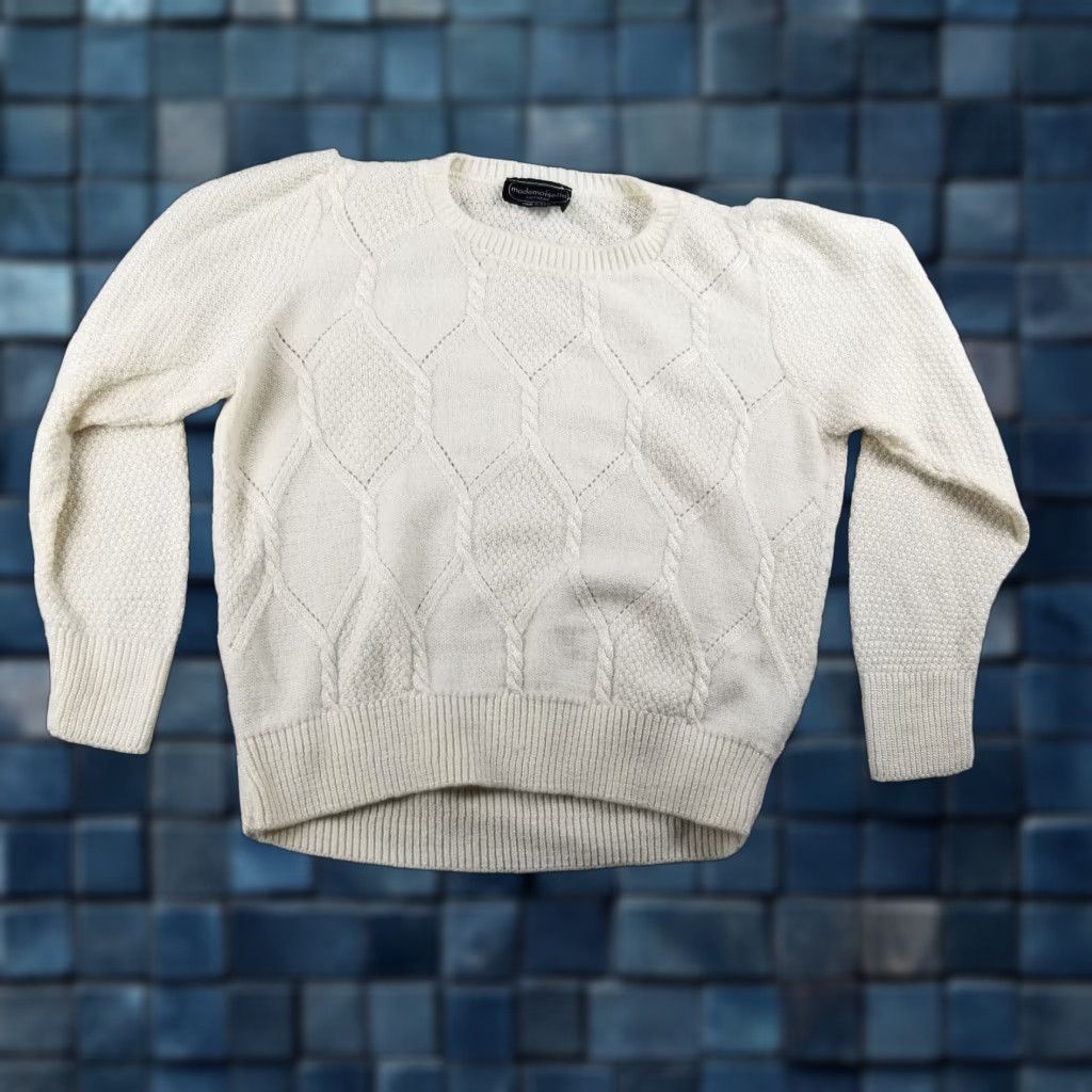 Vintage VINTAGE Mademoiselle Fisherman Cable Knit Sweater Business Casual Wool Blend Women’s Crew Neck Medium Ivory 90s Sweater Mens Women Size M / US 6-8 / IT 42-44 - 1 Thumbnail