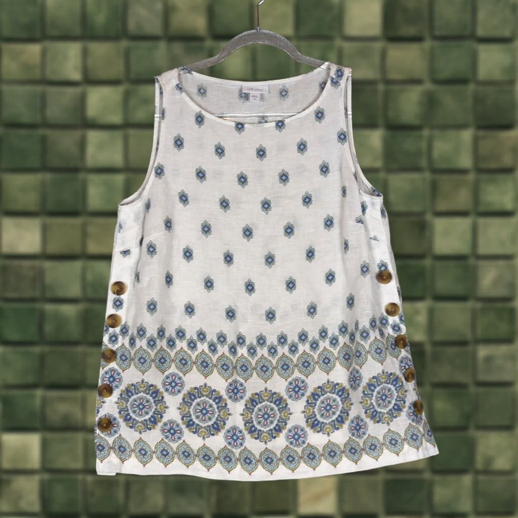 J. Jill J. Jill Linen Tunic Tank Sleeveless Round Neck Button Petite PS Multicolor Love Boho Casual Womens Sleeveless Tunic Shirt Size S / US 4 / IT 40 - 1 Thumbnail
