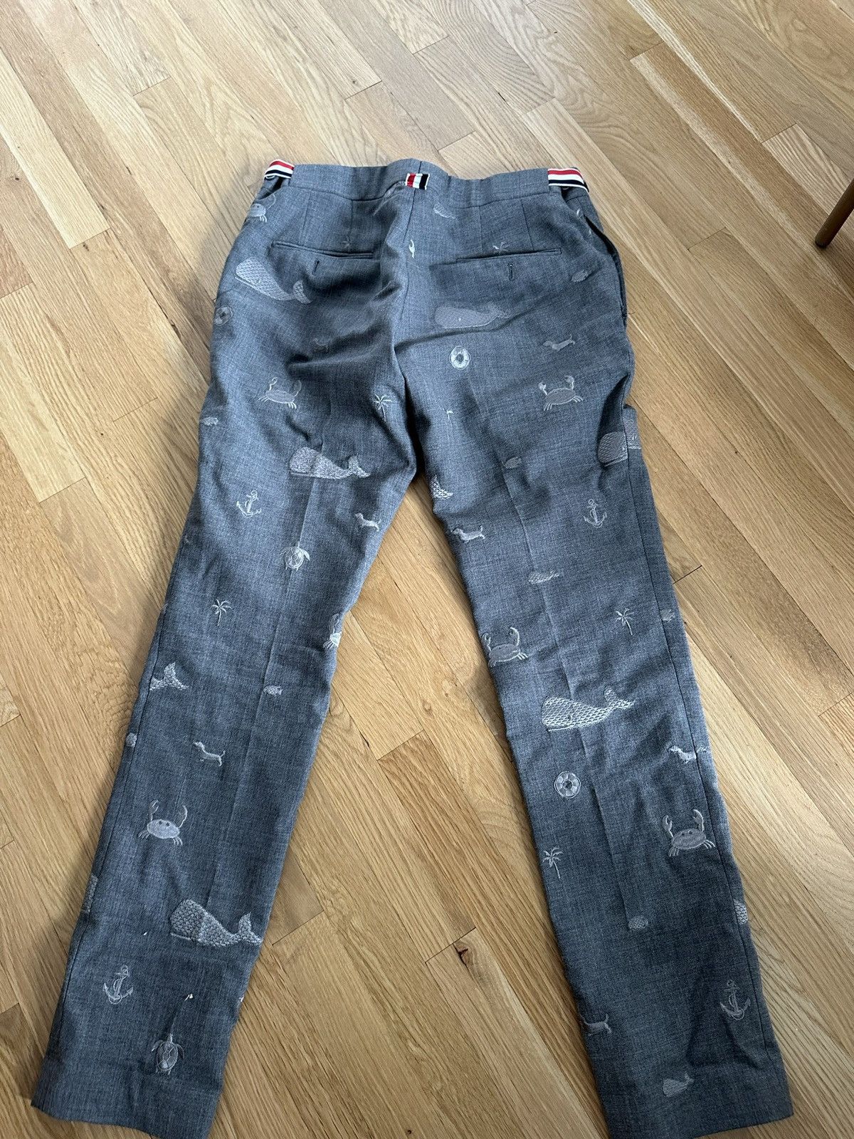 image of Thom Browne Size 1 Sea Creatures Embroidered Pants in Grey, Men's