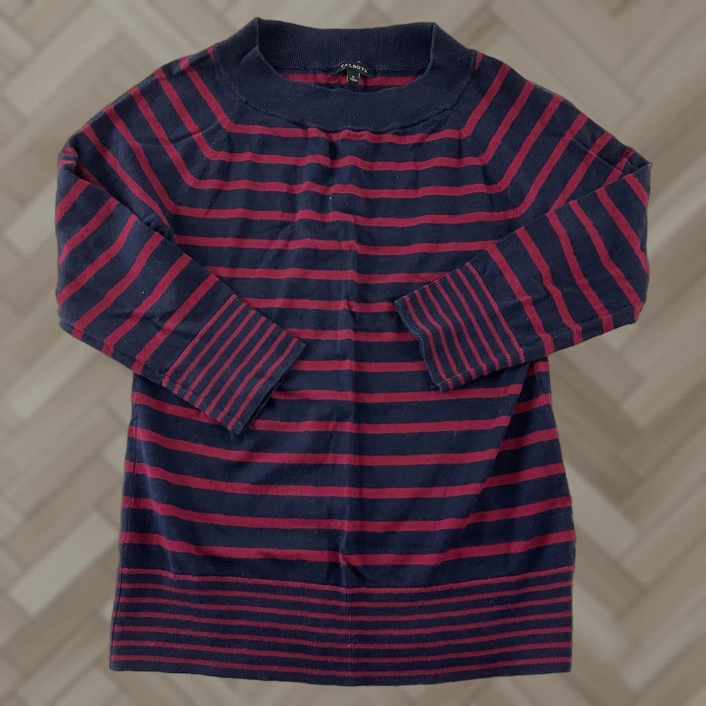 Talbots VINTAGE Talbots 3/4 Sleeve Striped Top Women's Small Blue Maroon Talbots Shirt Women Small 3/4 Sleeve Striped Blouse Size S / US 4 / IT 40 - 1 Thumbnail