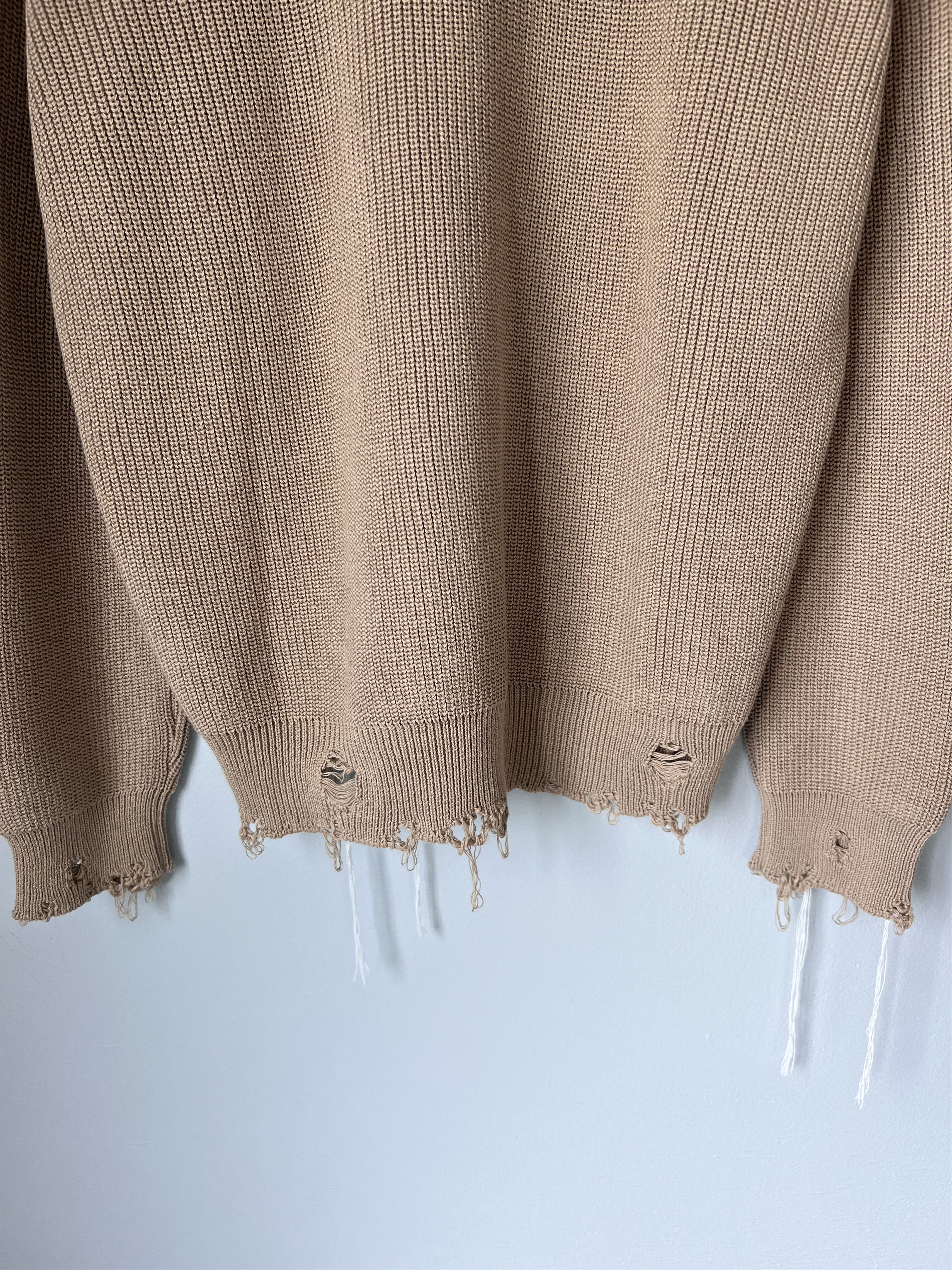 Maison Margiela MM6 Maison Margiela Distressed Knit V-Neck Sweater in Camel Size US L / EU 52-54 / 3 - 7 Thumbnail