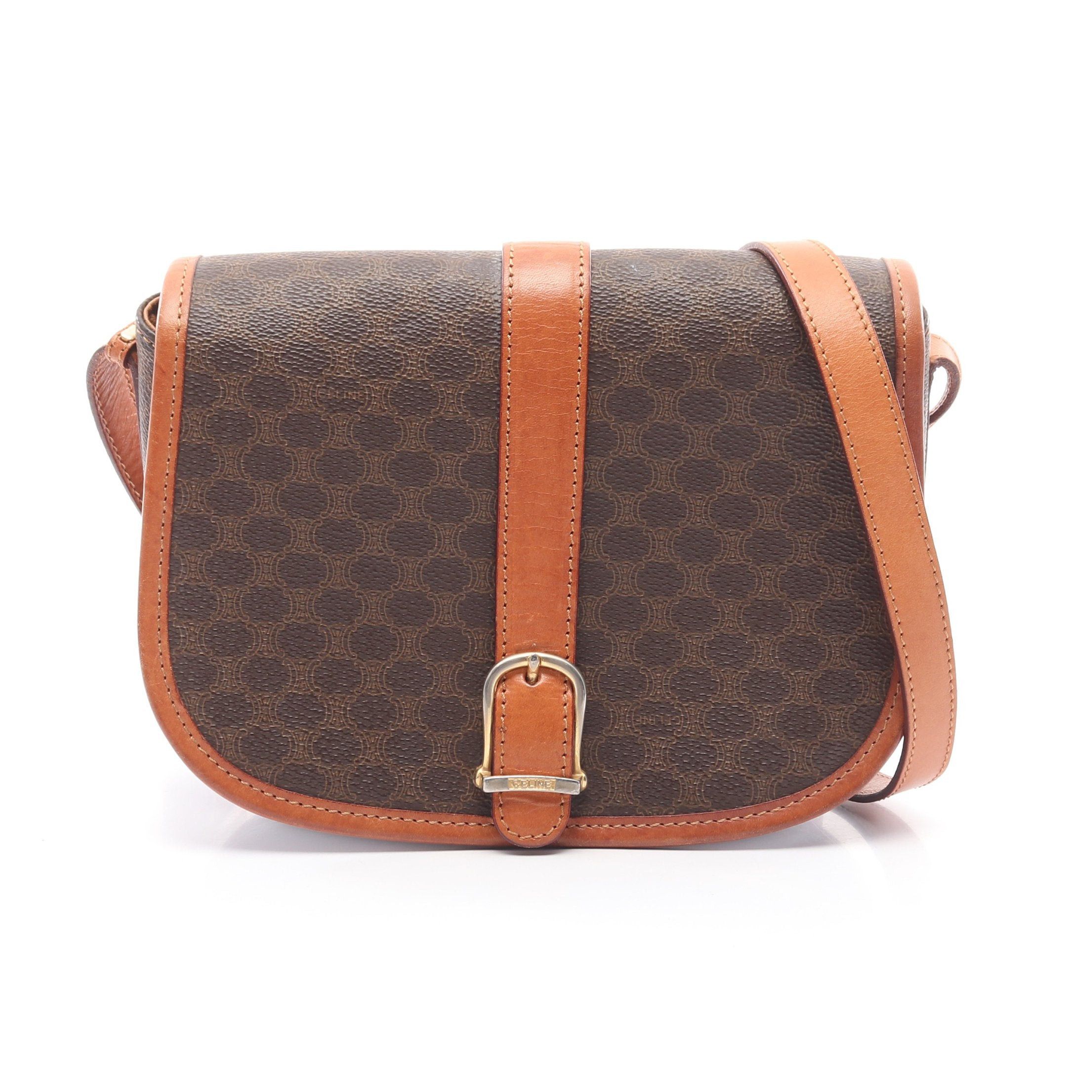 Celine Macadam Shoulder Bag Leather Dark Brown in Black, Women's