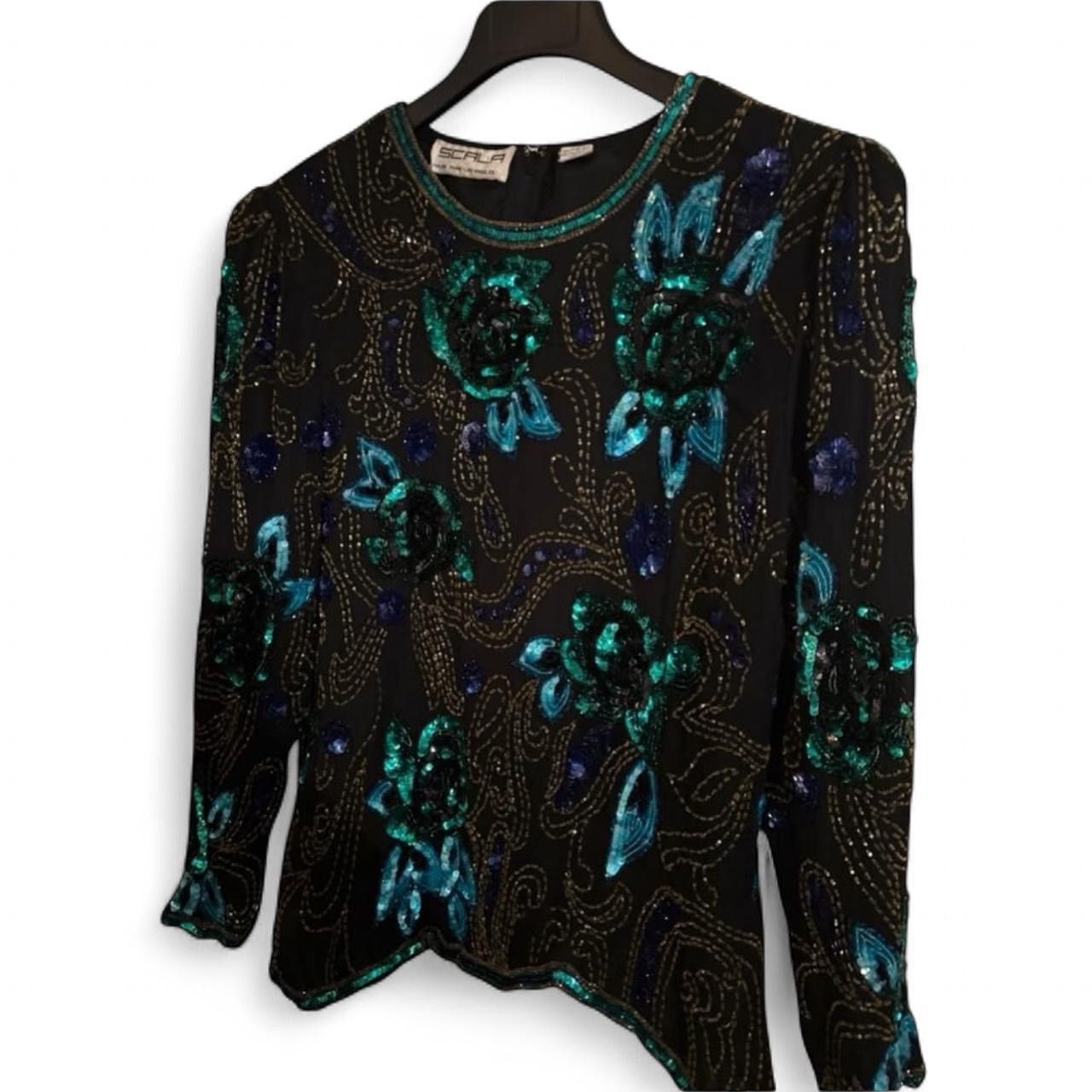Other SCALA 80s Black Teal Silk Beads Sequins Floral Formal Blouse Size XL / US 12-14 / IT 48-50 - 3 Thumbnail