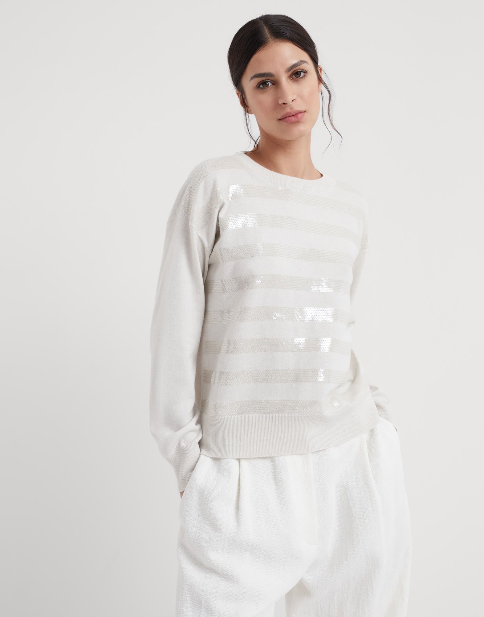 Brunello Cucinelli o1w1db10825 Cashmere Sweater in Open White Size L / US 10 / IT 46 - 1 Thumbnail