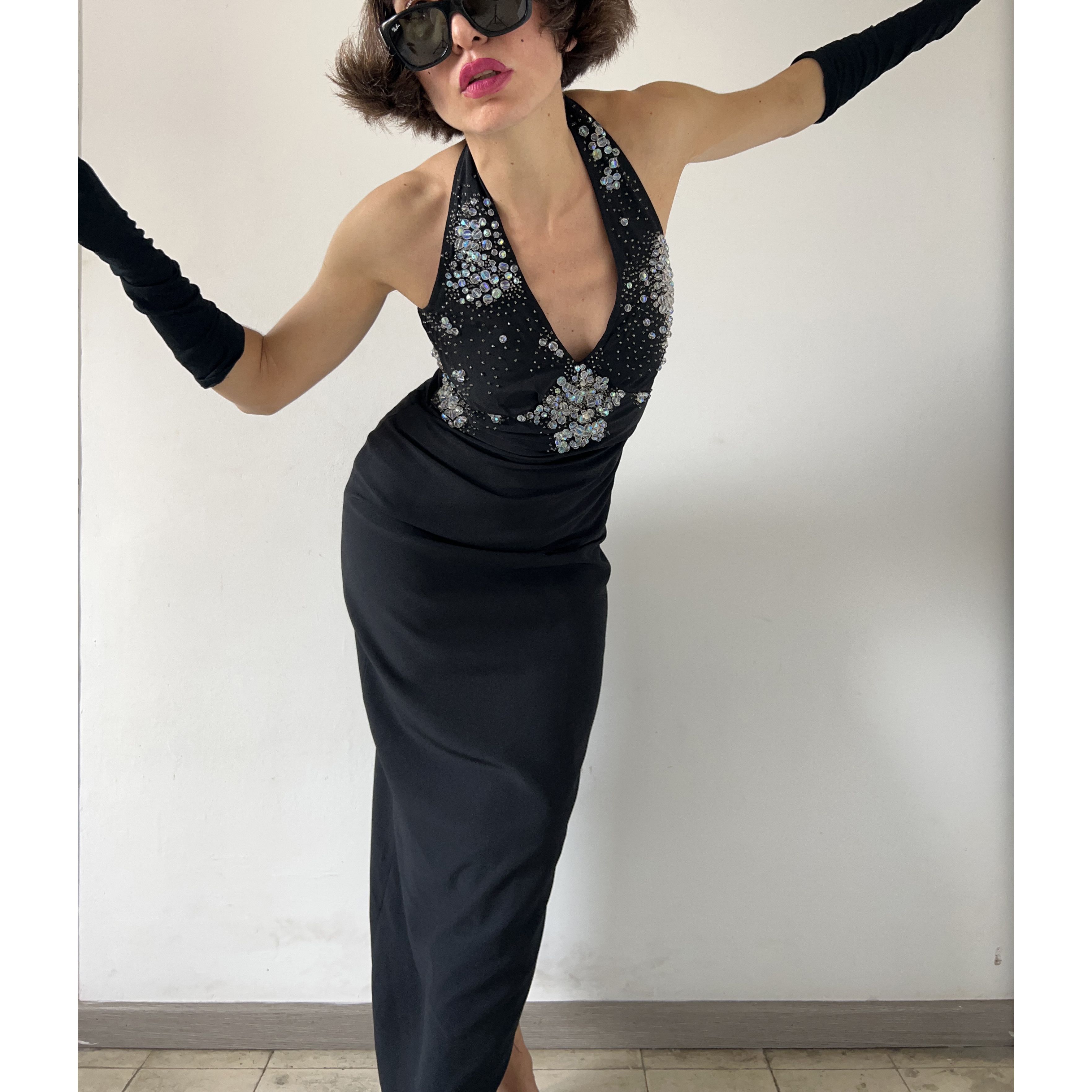 Vintage Vintage 90s Black Beaded Halter Gown Size M / US 6-8 / IT 42-44 - 5 Thumbnail