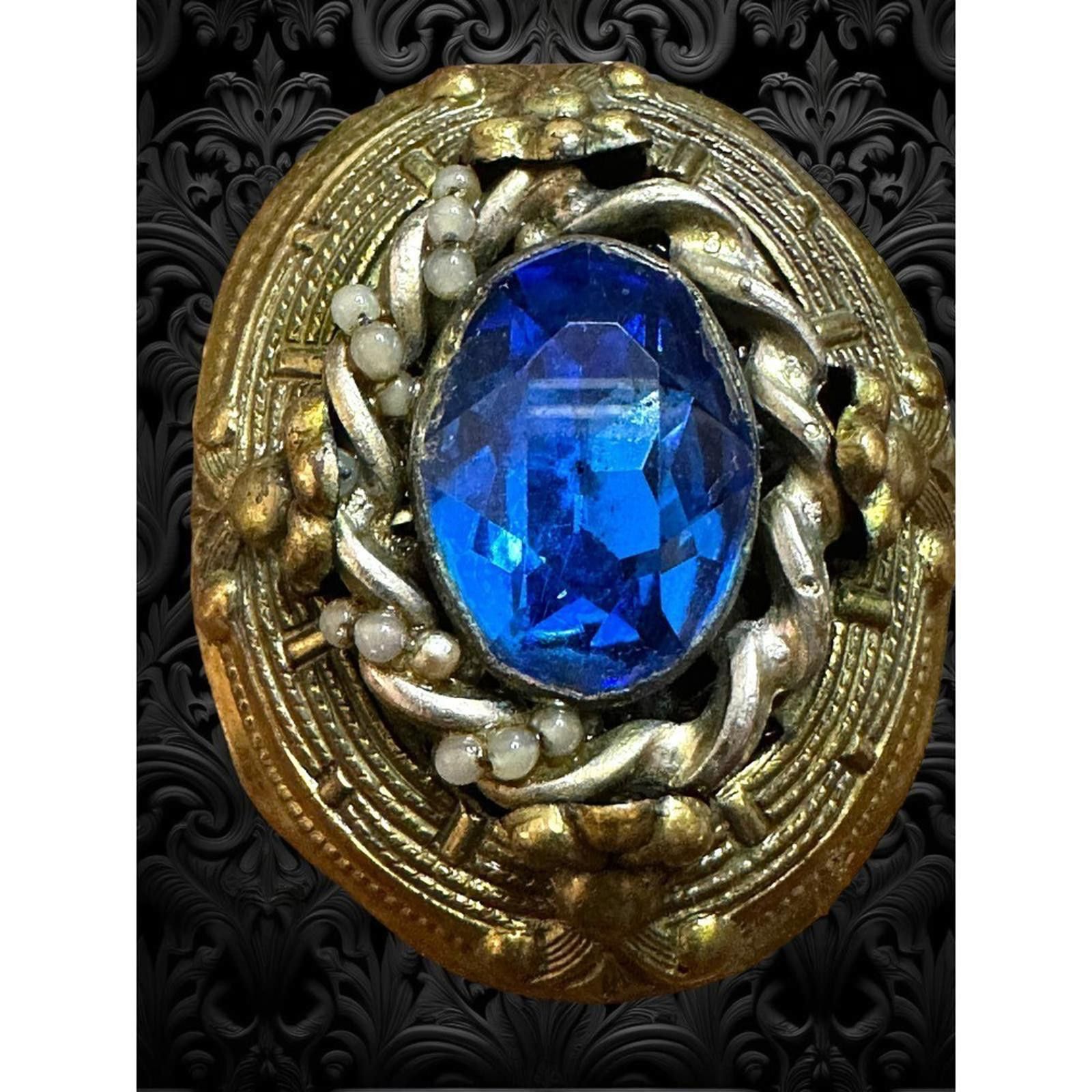Designer Antique Art Deco Czech Glass Cobalt Blue Brass Dress Clip Size ONE SIZE - 1 Thumbnail
