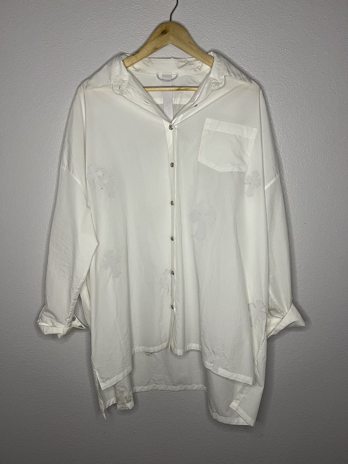Chrome Hearts White Leather Cross Patch Button Up Shirt