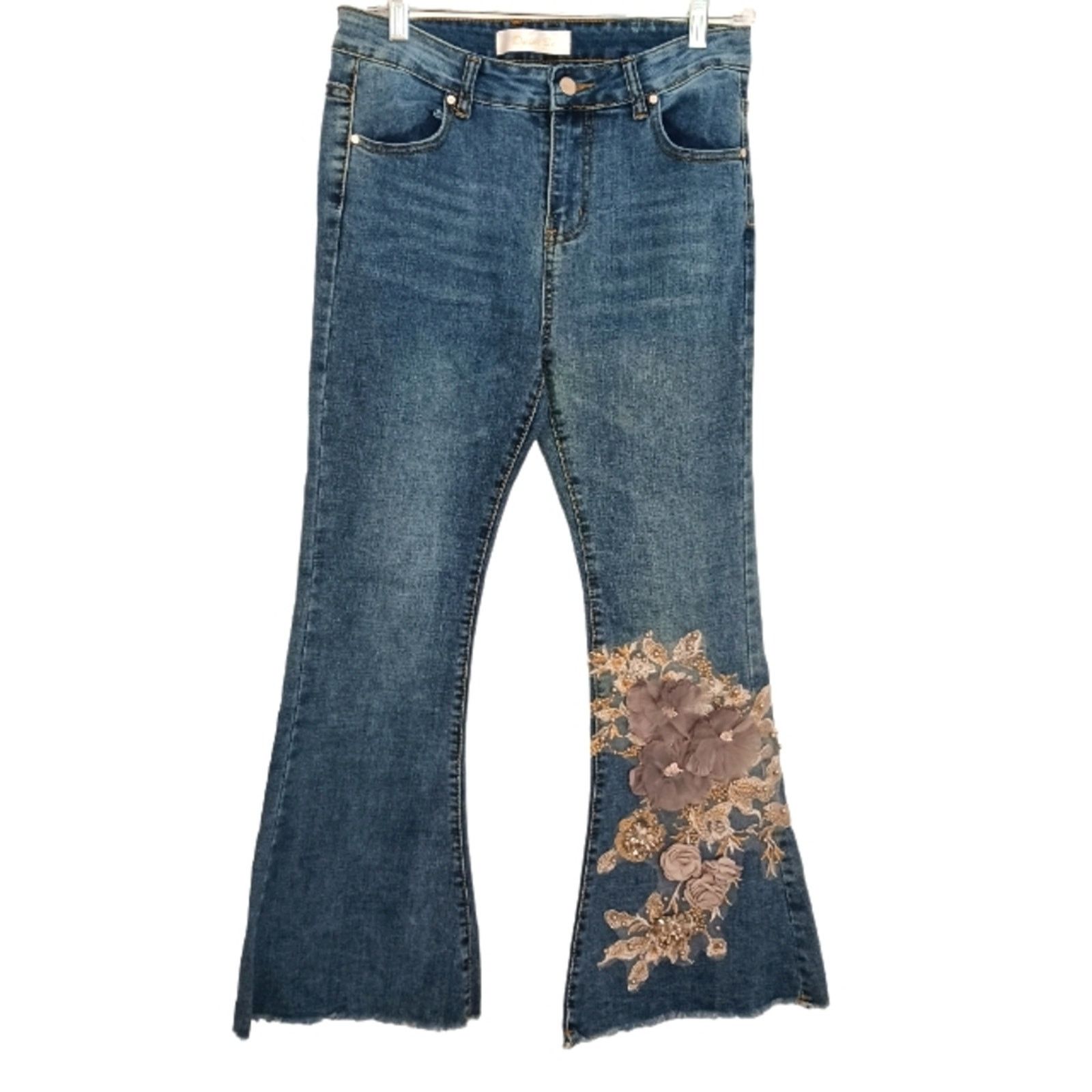 Vintage Jeweled Jeans Sz 28 Blue BEADED FLORAL PEARLS Boho Cottage Size 28" / US 6 / IT 42 - 1 Thumbnail